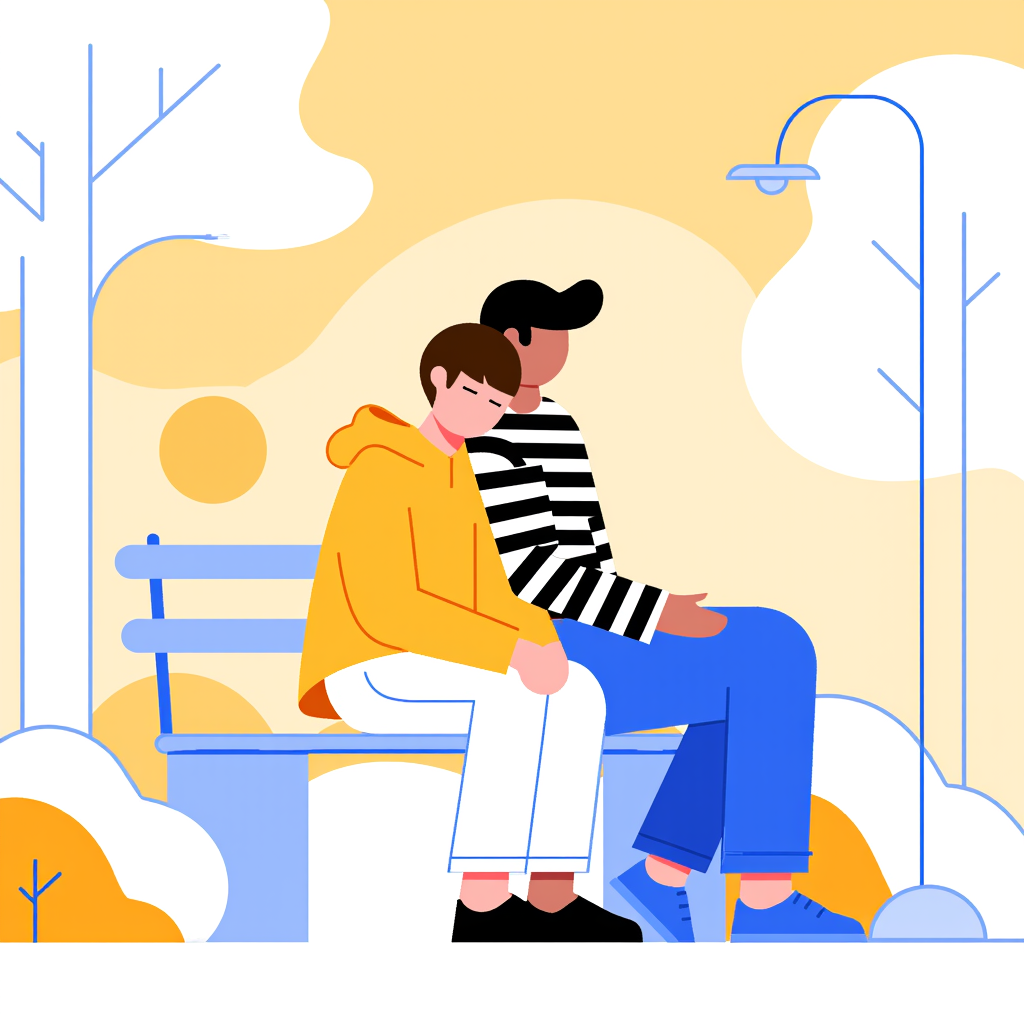 A boy who lays on his friend's shoulder as he was mentally drained, The friend must in black and white stripes shirt