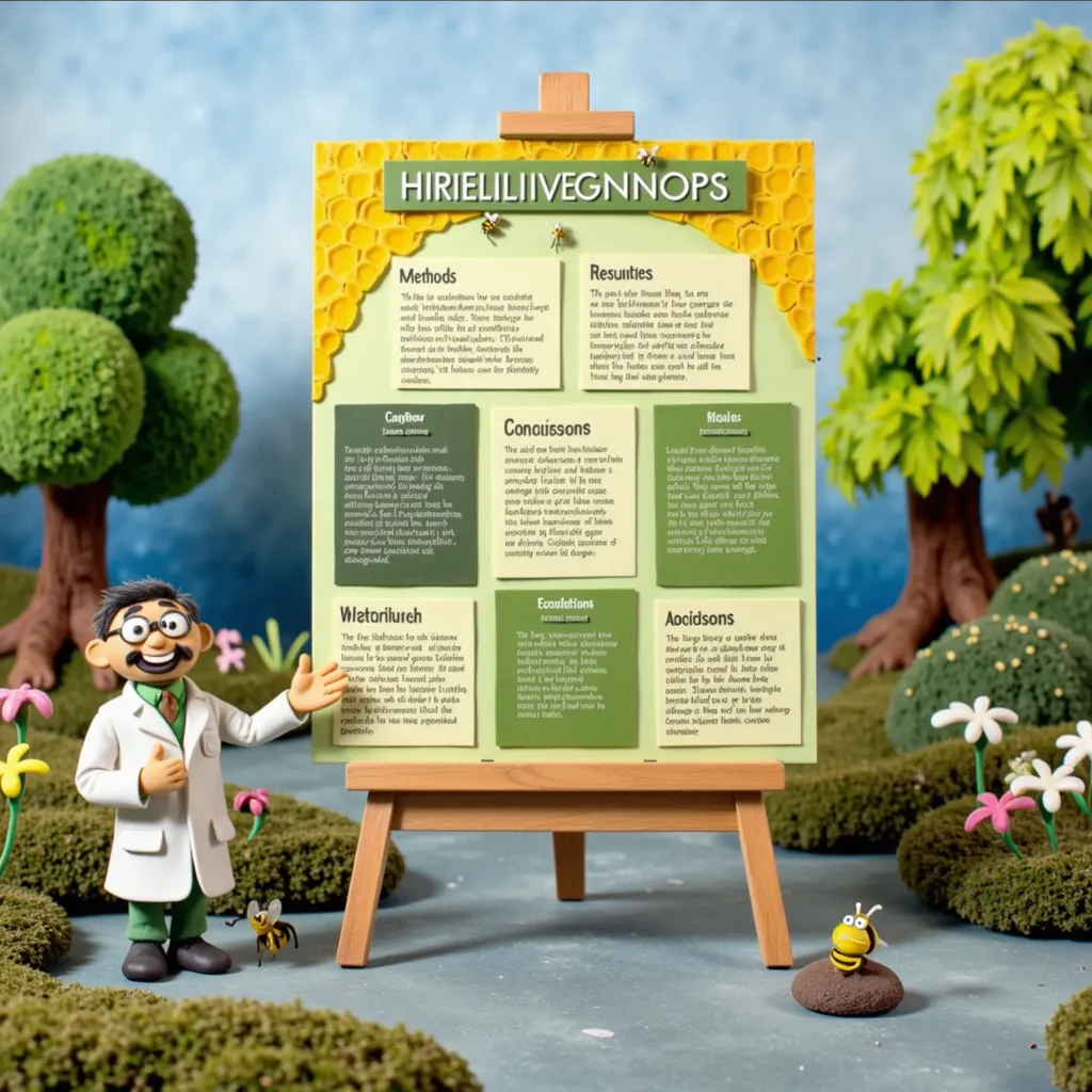 Design a professional academic poster for a research presentation with the following specifications:
Poster size should be 3 feet (width) × 4 feet (height), portrait orientation. The design should be clean, well-structured, and visually appealing for a scientific conference. Use a natural theme inspired by honey and ecology, with a color palette of dark green, light green, white, and subtle golden-yellow accents. Avoid clutter and keep the layout minimal and easy to read from a distance.
Use clear section boxes with soft background shading. Apply a modern sans-serif font such as Arial, Calibri, or Montserrat. The title should be large, bold, and centered at the top.