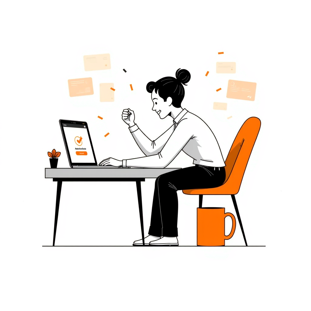 consistent illustration style, same character design, soft pastel color palette, minimal SaaS product illustration, rounded shapes, clean UX style
Modern flat illustration of a person celebrating successful job application submission, showing success checkmark, confetti or subtle celebratory elements, mobile or desktop UI with ‘Application Submitted’ state, minimal and clean design, soft color palette, friendly human character, simple shapes, UX success screen illustration, white or light background