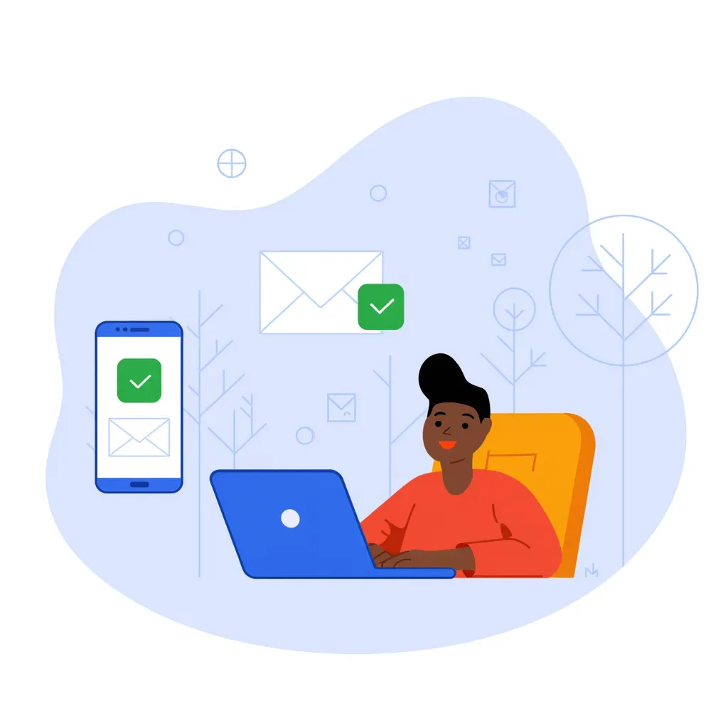 consistent illustration style, same character design, soft pastel color palette, minimal SaaS product illustration, rounded shapes, clean UX style
Minimal flat illustration showing confirmation email sent, a person happily looking at phone or laptop with an envelope icon flying or popping out, checkmark symbol indicating success, soft gradients, clean modern UI style, friendly character, light background, simple and professional SaaS illustration style, minimal elements, smooth rounded design