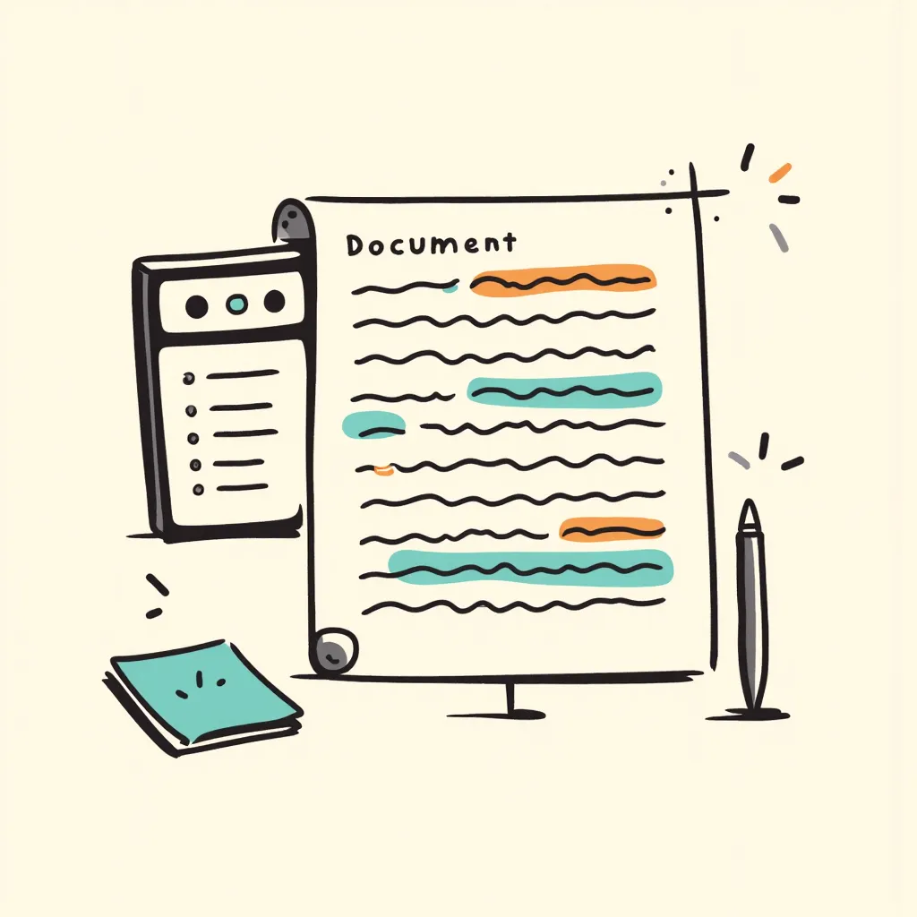 tyle Definition: Notion-style hand-drawn wireframe, minimalist Lo-fi aesthetic, clean black lines on off-white paper background, professional yet organic feel.

Layout Description: > * Left Panel: A digital document page with orange wavy underlines and cyan highlight blocks. Hand-written annotations like "well said" in the margins.