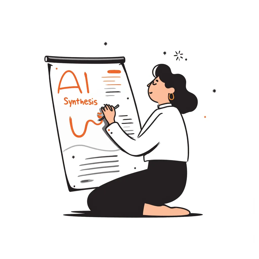 tyle Definition: Notion-style hand-drawn wireframe, minimalist Lo-fi aesthetic, clean black lines on off-white paper background, professional yet organic feel.

Layout Description: > * Left Panel: A digital document page with orange wavy underlines and cyan highlight blocks. Hand-written annotations like "well said" in the margins.

Middle Section: A conceptual bracket showing data flow, labeled with "AI Synthesis" and "Finding Connections."

Right Panel: A clean sidebar interface showing refined text with a subtle red "AI suggestion" spark icon.

Technical Specs: High contrast, 2D flat vector, architectural sketching style, sans-serif typography mixed with neat handwriting.