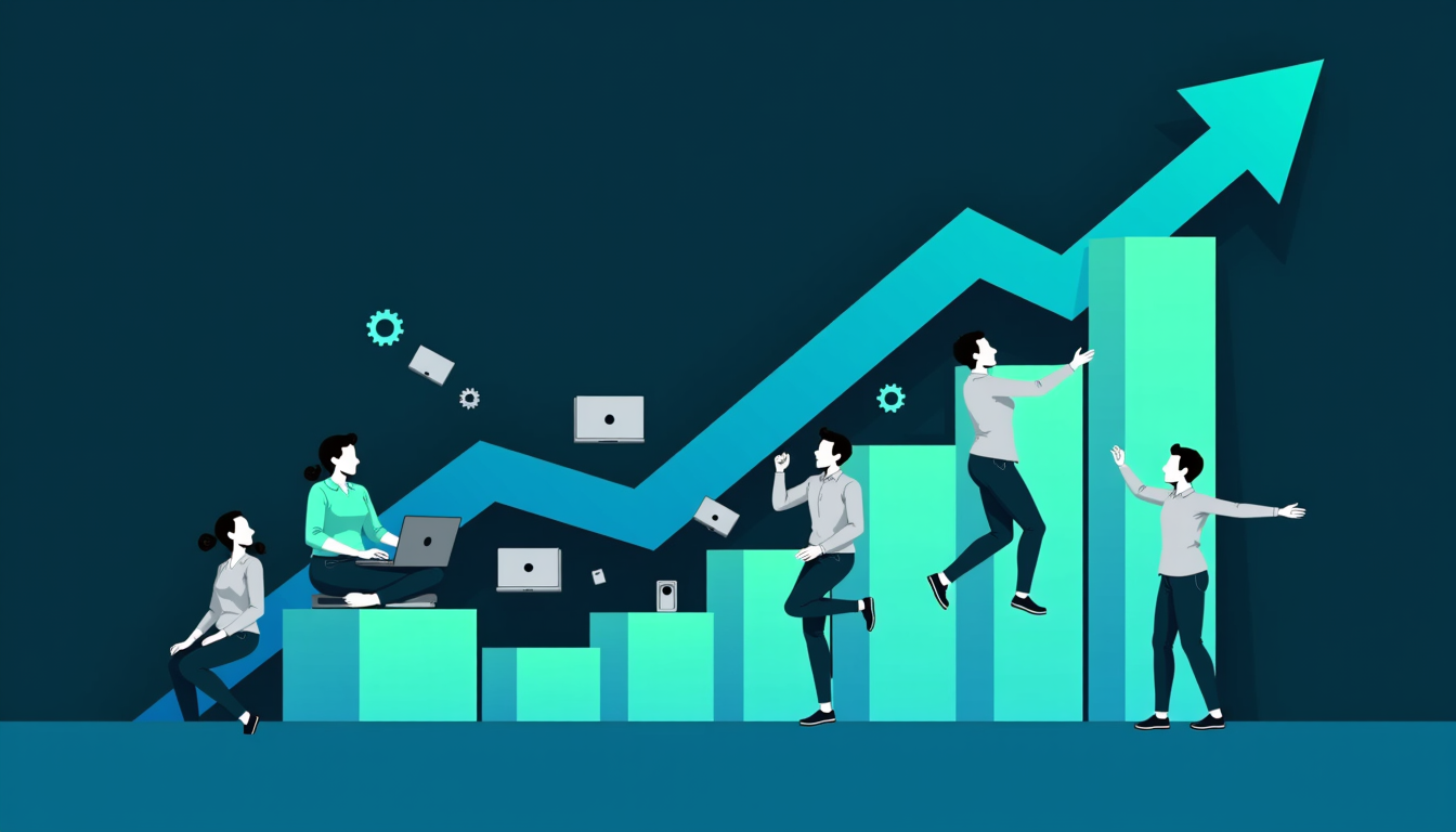 Flat vector illustration in Dell Technologies brand style. 
Three diverse gender-neutral business characters with simplified 
geometric forms and minimal facial features are celebrating in 
front of large rising bar charts. One character sits on a bar 
chart holding a laptop, one stands in the center with arms 
raised in celebration, one on the right is jumping with energy. 
Large ascending bar chart columns fill the background creating 
a dense composition. 

Instead of dollar coins and money symbols, floating Dell 
peripheral devices fill the space around the characters — 
monitors, mice, keyboards, headsets, webcams, docking stations 
— rendered as clean flat geometric icons. Gear/cog shapes can 
remain as background texture elements. A rising arrow cuts 
through the composition diagonally from bottom left to top right.

Background is fully filled with layered geometric color blocks 
and chart elements — no large empty white areas. Dense, rich, 
energetic composition that fills the entire frame.

Style: flat vector only, bold simplified geometric shapes, 
no gradients, no drop shadows, no 3D forms, no outlines on 
shapes, no photographic textures. Strictly flat. No gradient 
fills on any element.

Color palette — strictly these colors only:
- Primary: #007DB8 Dell Blue
- Dark: #004F80 deep navy
- Accent: #6B2D8B purple
- Supporting: #1A7A6E dark teal
- Neutral: #D1D3D4 light grey
- White: #FFFFFF for highlights only
- No gold, no green, no yellow, no warm tones, 
  no orange whatsoever

Characters wear clothing in Dell blue, navy and purple tones. 
Bar charts in teal and blue tones. Background layers use navy 
and dark teal to fill the frame fully. No text inside the 
illustration. Square or wide horizontal format.