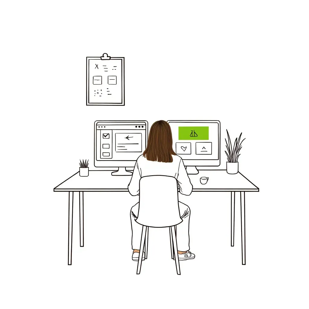 a minimal sketchbook-style illustration showing a single interface transforming from rough concept to clean usable design, left side abstract with loose sketch lines and construction guides, right side clean and structured with simple UI blocks, smooth transition between the two states, very minimal composition with lots of white space, one central object only, no arrows, no extra elements, visual metaphor for turning ideas into clarity,
sketchbook style, hand-drawn vector illustration, slightly imperfect but controlled lines, minimal color palette, white background, black ink with one soft accent color (green), clean composition, balanced spacing, calm and focused, UI/UX thinking, minimal shading