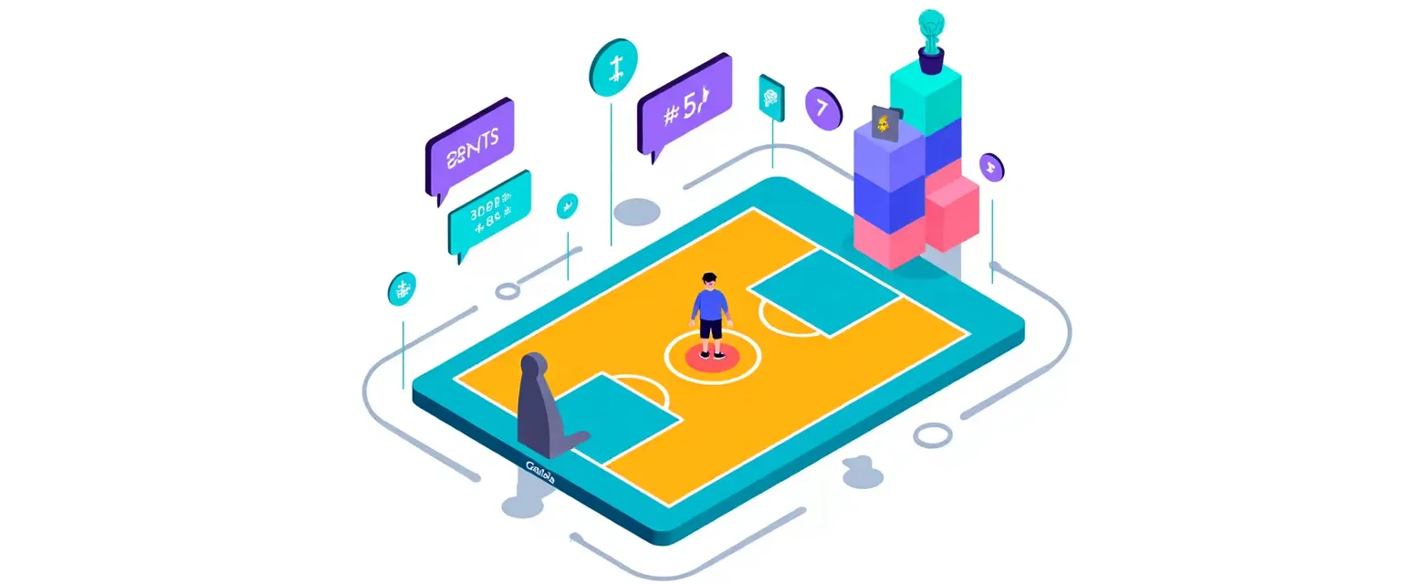 A futuristic, Isometric 2.5D vector illustration of a basketball court re-imagined as a dynamic, holographic data map. The visual style is clean, geometric, and precise with glowing energy lines, using corporate Material Design 2.0 colors (royal blues, purples, vibrant oranges, teals). A central, translucent basketball court made of blue and orange energy lines is Isometric. A heat-map overlay near the free-throw line glows orange, labeled [AVG PTS 25+]. Floating holographic markers around the court indicate [3PT% 42%], [Steals 1.8], [Blocks 0.9]. A stylized player avatar (abstract figure with #35 jersey) stands on the heat-map. The arena's stands are transformed into an upward-spiraling 'Leaderboard Spiral Staircase' made of geometric blocks, with the avatar's block (#7) labeled and connected to the central court energy. A glowing champion statue stands on block #1. Background features networked data grid, and subtle control room lights. Infinitely scalable, precision-crafted vector lines.