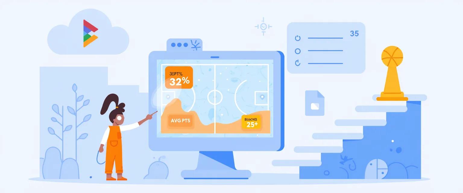 A futuristic, Isometric 2.5D vector illustration of a basketball court re-imagined as a dynamic, holographic data map. The visual style is clean, geometric, and precise with glowing energy lines, using corporate Material Design 2.0 colors (royal blues, purples, vibrant oranges, teals). A central, translucent basketball court made of blue and orange energy lines is Isometric. A heat-map overlay near the free-throw line glows orange, labeled [AVG PTS 25+]. Floating holographic markers around the court indicate [3PT% 42%], [Steals 1.8], [Blocks 0.9]. A stylized player avatar (abstract figure with #35 jersey) stands on the heat-map. The arena's stands are transformed into an upward-spiraling 'Leaderboard Spiral Staircase' made of geometric blocks, with the avatar's block (#7) labeled and connected to the central court energy. A glowing champion statue stands on block #1. Background features networked data grid, and subtle control room lights. Infinitely scalable, precision-crafted vector lines.