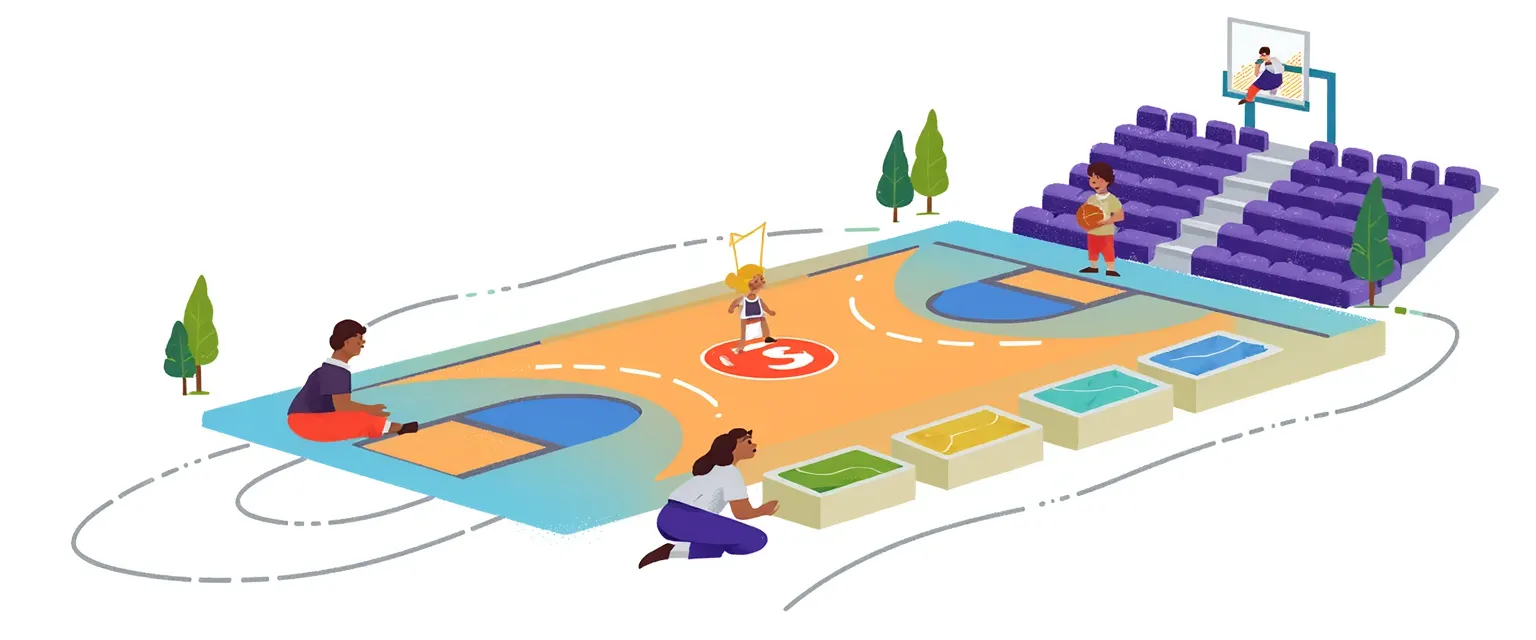 A futuristic, Isometric 2.5D vector illustration of a basketball court re-imagined as a dynamic, holographic data map. The visual style is clean, geometric, and precise with glowing energy lines, using corporate Material Design 2.0 colors (royal blues, purples, vibrant oranges, teals). A central, translucent basketball court made of blue and orange energy lines is Isometric. A heat-map overlay near the free-throw line glows orange, labeled [AVG PTS 25+]. Floating holographic markers around the court indicate [3PT% 42%], [Steals 1.8], [Blocks 0.9]. A stylized player avatar (abstract figure with #35 jersey) stands on the heat-map. The arena's stands are transformed into an upward-spiraling 'Leaderboard Spiral Staircase' made of geometric blocks, with the avatar's block (#7) labeled and connected to the central court energy. A glowing champion statue stands on block #1. Background features networked data grid, and subtle control room lights. Infinitely scalable, precision-crafted vector lines. NO TEXT