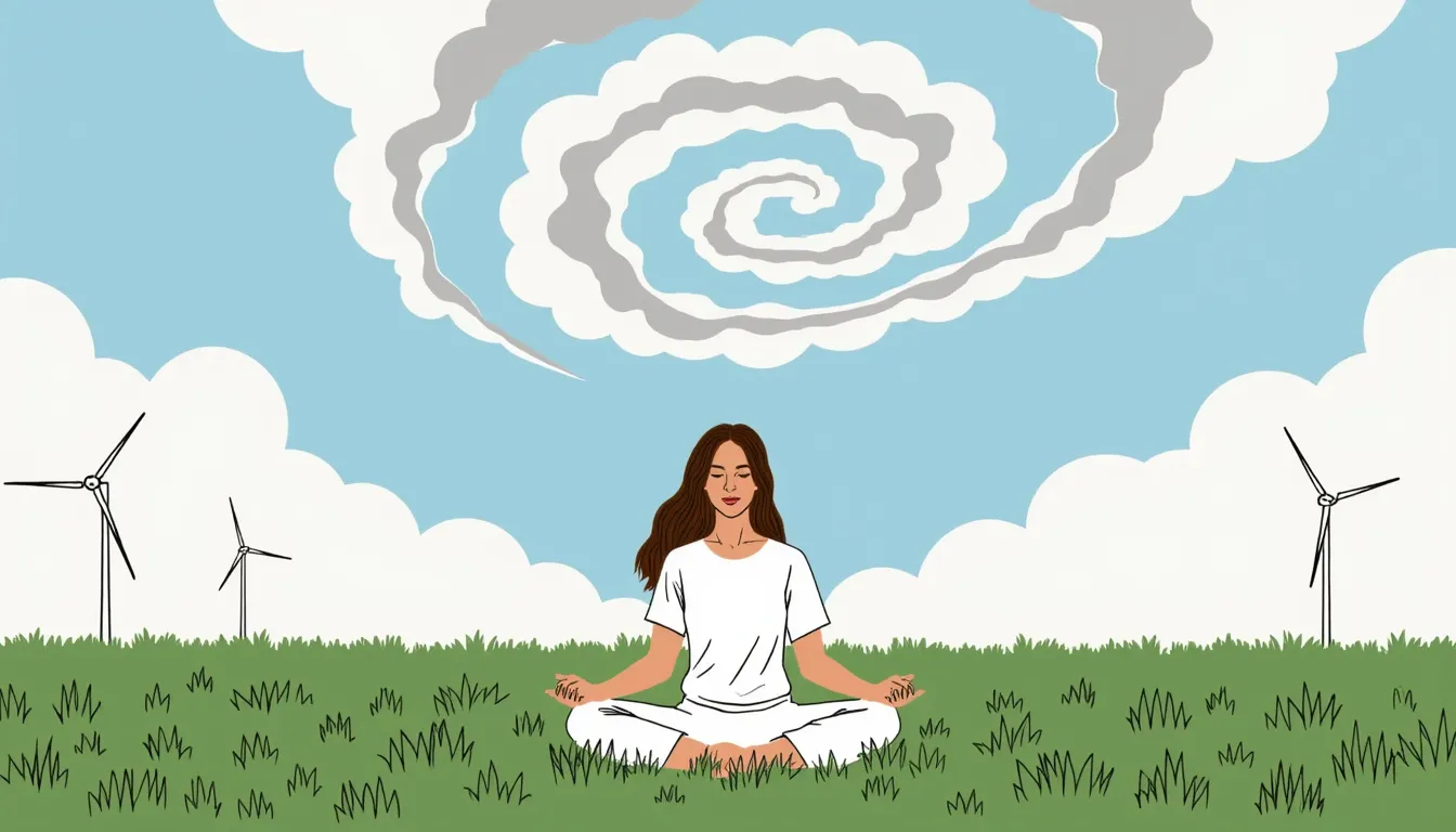 A poetic surreal illustration in the style of Ni Chuanjing.

A young woman is meditating in a seated cross-legged posture on an endless open grassland. The camera angle is slightly low and looking upward, creating a strong sense of perspective and spatial depth, as if the viewer is lying in the grass looking up at her and the sky.

The composition is ultra-wide, cinematic, with a vast horizontal field emphasizing openness and scale. The woman is placed slightly to the right side of the frame, following a balanced asymmetrical composition.

She has a calm, joyful expression, with eyes gently closed, immersed in meditation. Her posture is stable and centered, yet emotionally light.

Her long hair is dramatically blown to the left by the wind, more exaggerated and voluminous than reality, with multiple flowing strands extending into the air, emphasizing motion and energy contrast with her still body.

Above her head, the sky is a clear, luminous blue. Soft white clouds form a spiraling vortex centered directly above her head, expanding outward across the sky with strong perspective depth, creating a cosmic, gravitational visual flow.

The grassland stretches infinitely in all directions, with subtle wind movement visible in the grass, reinforcing the scale and emptiness of the environment.

The overall atmosphere blends realism with gentle surrealism: breathing, wind, and meditation are expressed as atmospheric flow rather than literal effects.

Color palette: soft sky blues, fresh greens, milky whites, desaturated pastel tones, and slight warm highlights. Gentle contrast, airy lighting, no harsh edges.

Style: Ni Chuanjing-inspired poetic illustration, soft watercolor texture, editorial surrealism, emotional minimalism, strong negative space, dreamlike calmness, highly atmospheric and contemplative.