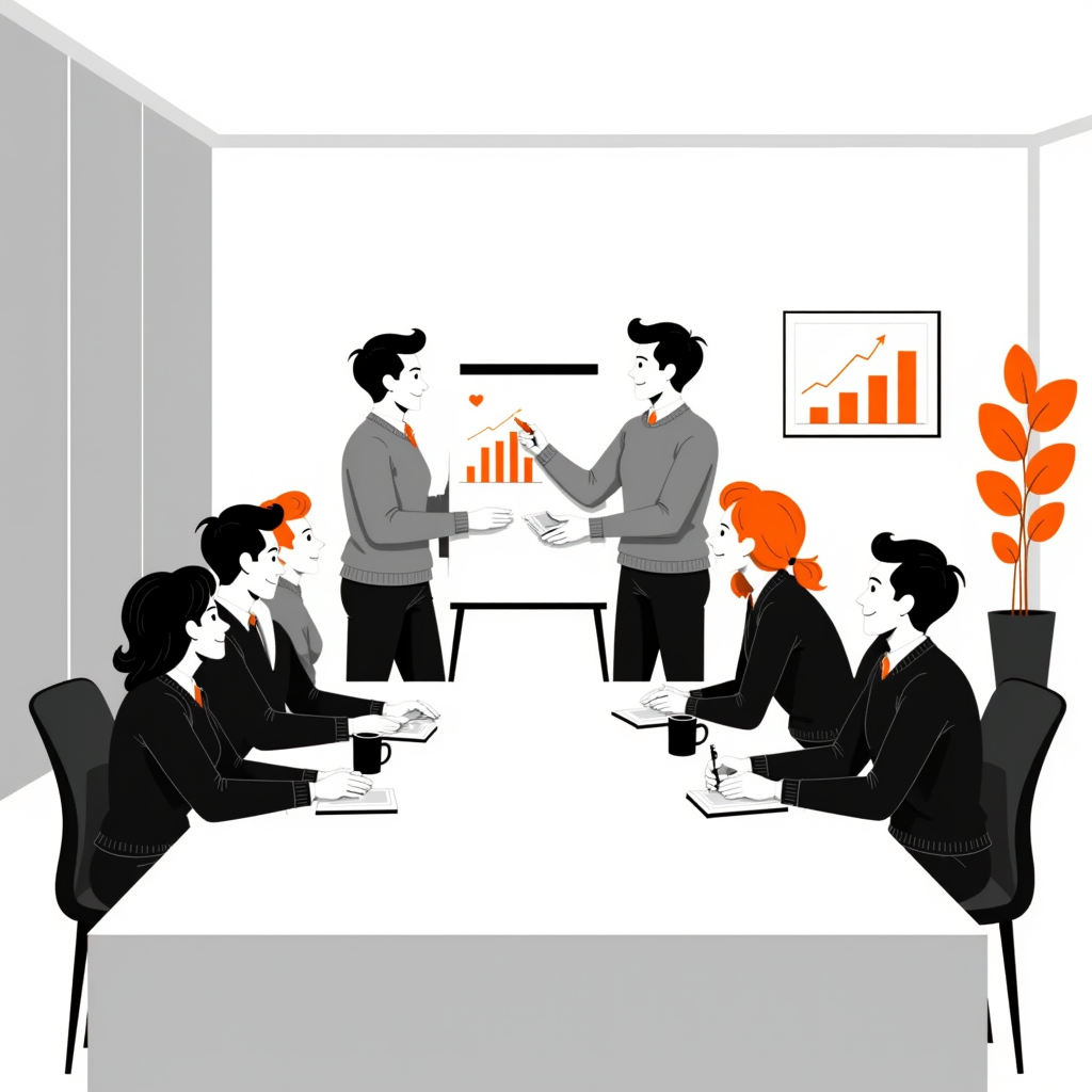 A group of marketers gathers around a whiteboard, sitting in a table