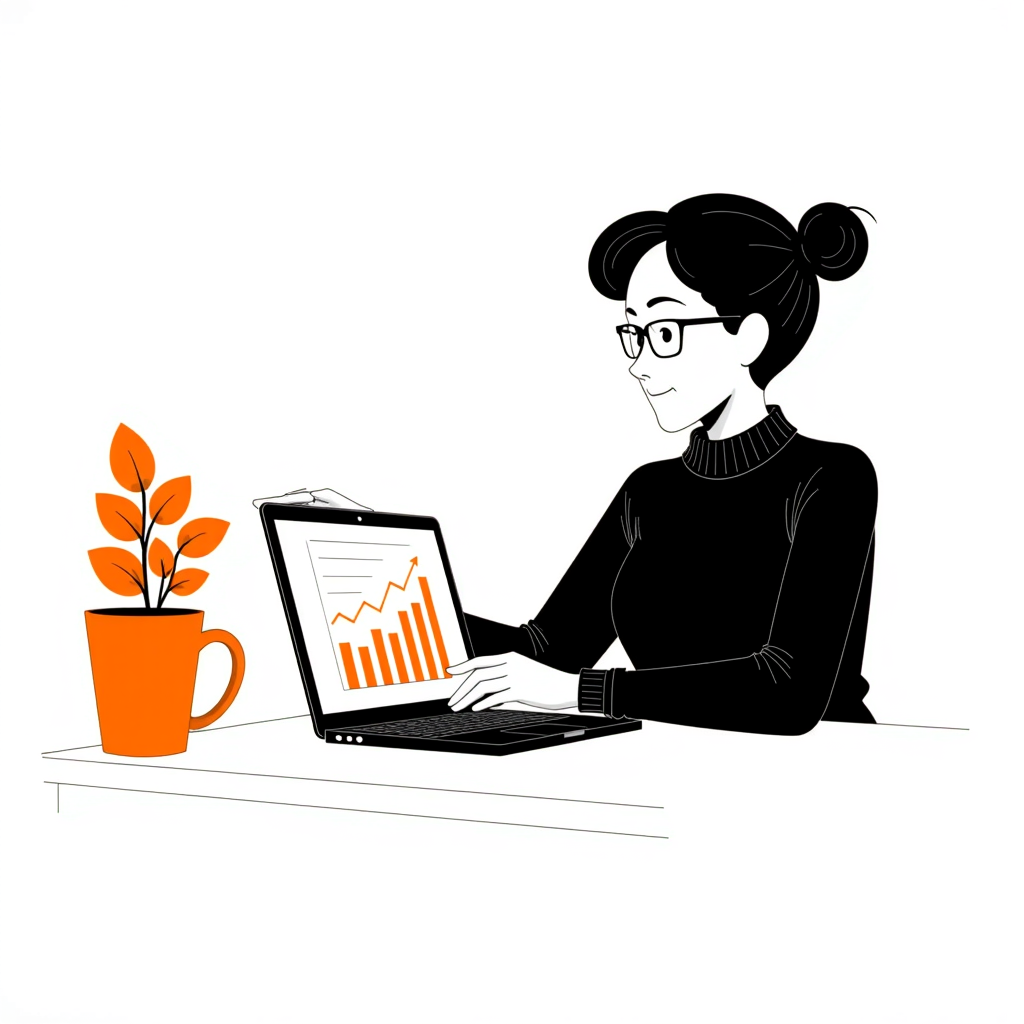 A woman sits at a desk using her laptop, which displays charts and graphs.