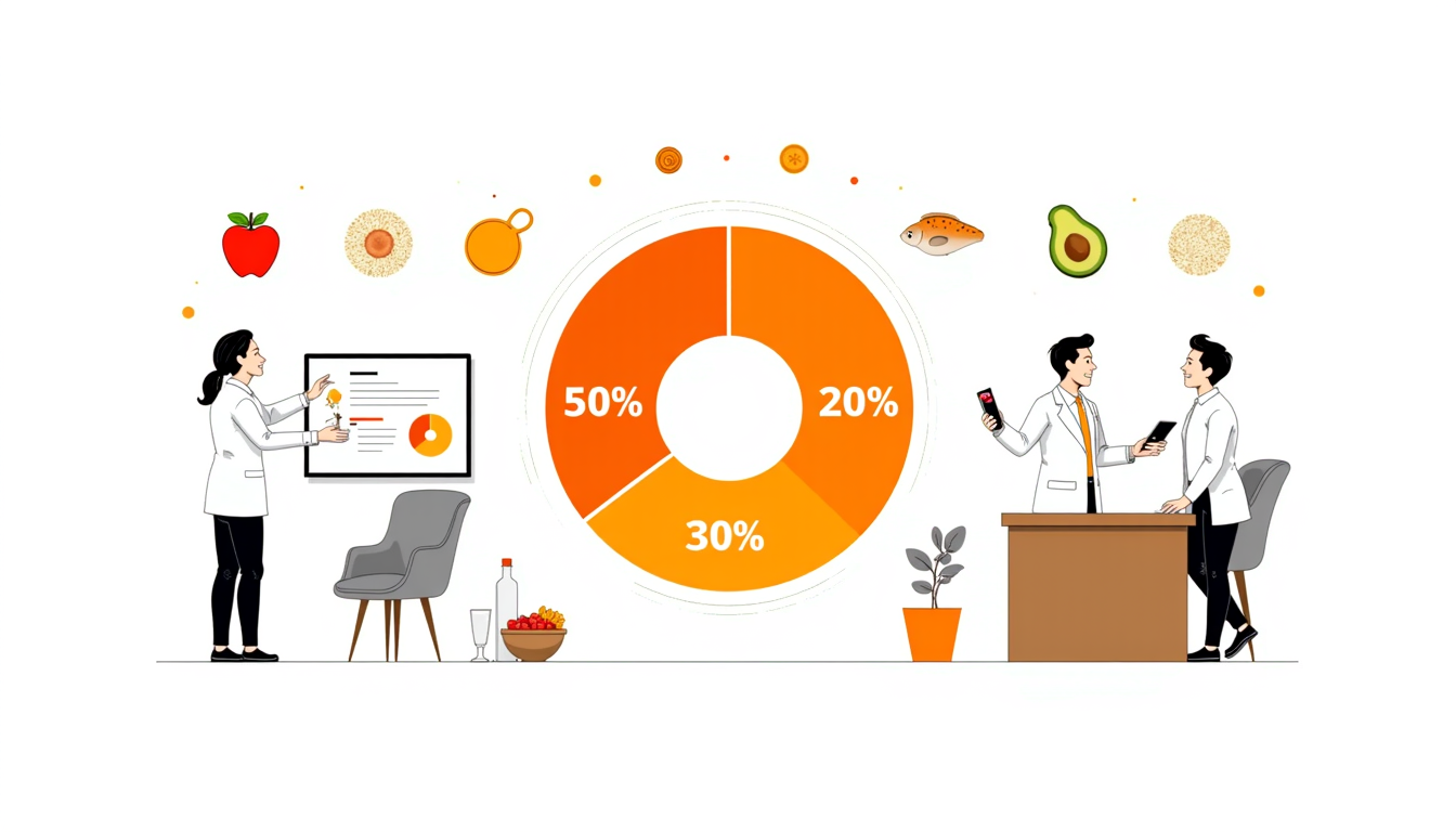 Create a highly detailed modern 3D healthcare nutrition infographic showing a balanced macronutrient distribution chart in the center with clean circular percentage graphics displaying Carbohydrates 50%, Protein 20%, and Healthy Fats 30%. Surround the chart with realistic healthy food items related to each category, including oats, rice, fruits and whole grains for carbohydrates, eggs, fish, chicken, legumes and paneer for protein, and avocado, nuts, seeds and olive oil for healthy fats. Include hydration elements, wellness visuals and modern healthcare infographic styling suitable for professional health education content, nutrition awareness campaigns, digital wellness presentations and social media educational graphics. Use premium lighting, clean composition, realistic food detailing and professional medical wellness design aesthetics.