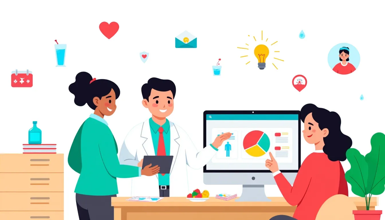 Create a clean modern vector illustration for a healthcare nutrition awareness campaign showing balanced meal planning, hydration tracking, healthy lifestyle guidance, body wellness monitoring and preventive health education for digital content and patient engagement materials.