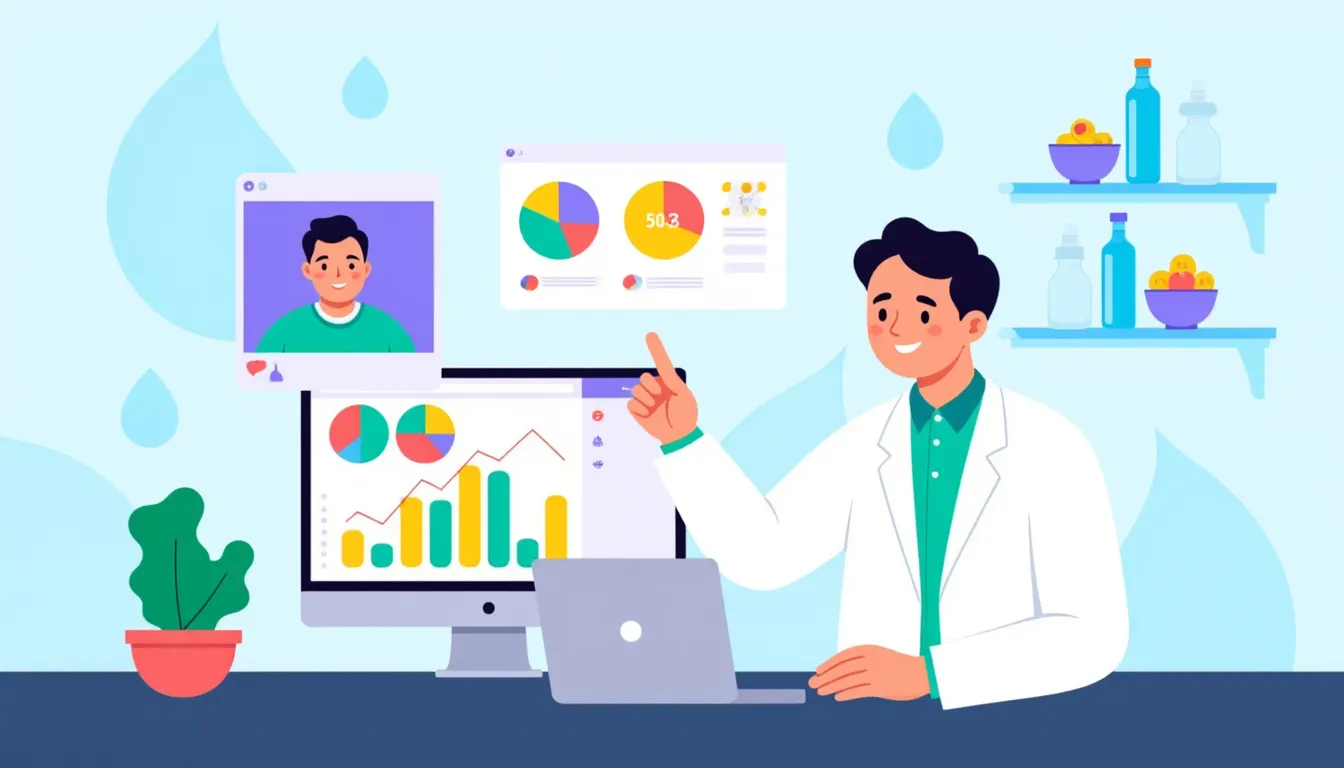 Professional flat vector illustration showing a male dietician and nutrition consultant conducting an online wellness consultation with patient progress charts, balanced diet planning, hydration tracking, healthy food elements and preventive healthcare visuals for educational content creation and digital health awareness campaigns.