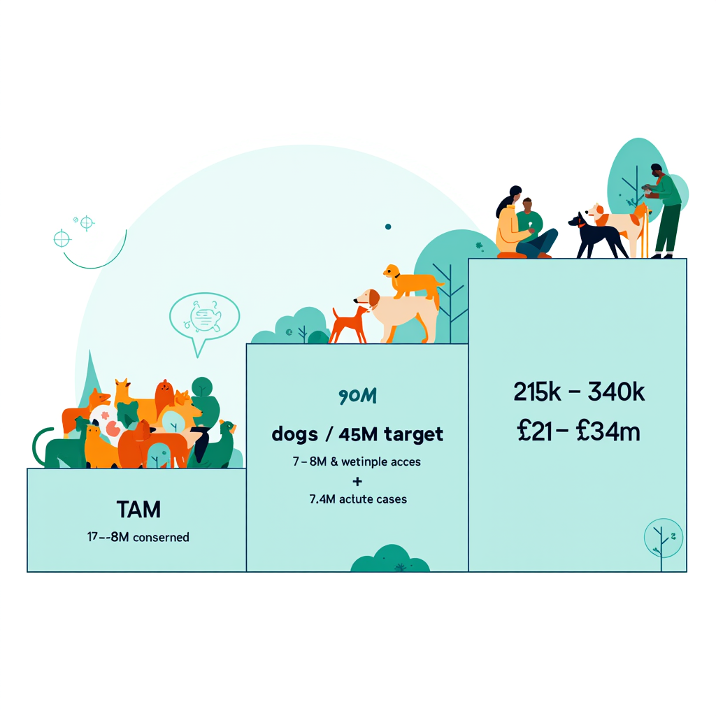 can you visually iluustaryte this?TAM: Our Total Addressable Market consists of all dog owners in Europe who could potentially use pet health monitoring solutions. 
There are approximately 90 million dogs in European household. Our initial focus is on Millenials and Gen Z pet owners, who represent the most relevant and high-growth customer segment. 
Millennials account for approximately 33% of pet ownership 
Gen Z accounts for approximately 15% 
Combined, this represent approximately 50% of dog ownership 
This gives approximately 45 million dogs owned by our target demographic.
SAM: Our Servicable available market consist of dog owners who actively experience or are concerned about gastrointestinal health issues.
17% of owners are concerned about gut health: 7.65 million dog owners
Around 10% of dogs experience acute diarrhoea yearly: 3.8 - 4 million cases/year

This results in a SAM of approximately 7-8 million users, based on dog owners who express active concern about gut health. Within this group, approximately 3.8-4 million dogs experience acute diarrhea annually. 
However, this may still be conservative. Supporting data shows: 
64.5% of owners report prior gastrointestinal issues 
20% report diarrhoea or loose stool issues 
10% require veterinary intervention 
68% of owners to not fully understand gut health solutions. 
SOM: Our Serviceable Obtainable Market is based on a dual-segment adoption model, reflecting both reactive and preventative user behaviours. 
Acute need segment 

We believe we can realistically capture 5% of the acute diarrhoea segment. Assuming a 5% adoption of the 3.8 million we can reach 190 000 users 
Proactive segment 

In addition to acute cases, a broader group of owners shows ongoing concern about gut health. Even a very conservative 1-2% conversion of this group (7.65 million) results in 75 000 - 150 000 additional users. 
This will bring the total SOM to 215 000 to 340 000 users. 
Revenue estimation 
Assuming an average revenue of approximately €100 per user, this results in: 

215,000 users: €21 million annually 
340,000 users: €34 million annually. 
Even at the upper bound, market penetration remains low at between 0.28% and 0.33% of all European dog owners, and 0.56% to 0.67% of Millennials and Gen Z dog owners. This highlights significant room for upside, with further growth achievable without requiring aggressive adoption assumptions. 
In addition, our long-term strategy includes expanding into adjacent products and therapeutic areas, allowing us a broader range of pet health needs beyond the acute diarrhoea and further increase total market potential