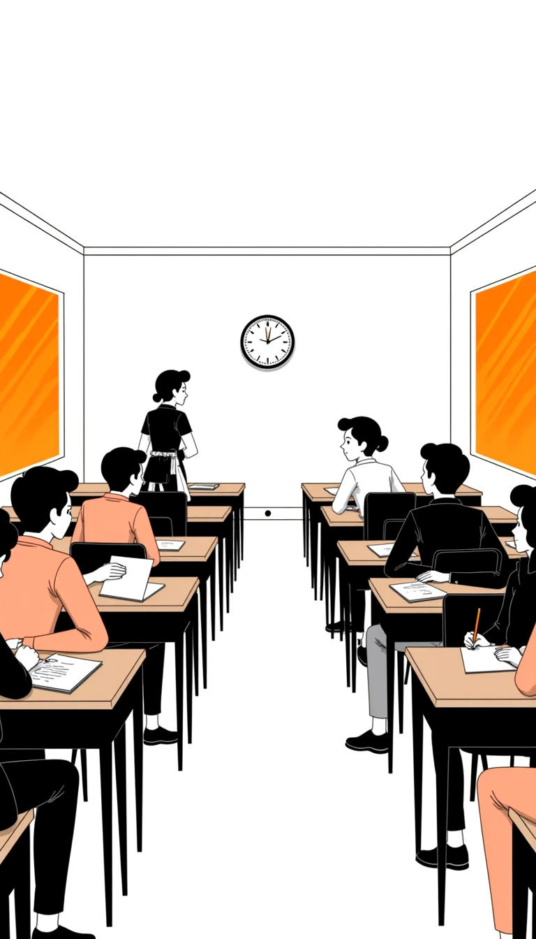 Cinematic Indian school examination hall during board exams, teenage boy secretly looking at a girl, warm sunlight through windows, emotional atmosphere, realistic photography, shallow depth of field, movie scene, ultra detailed