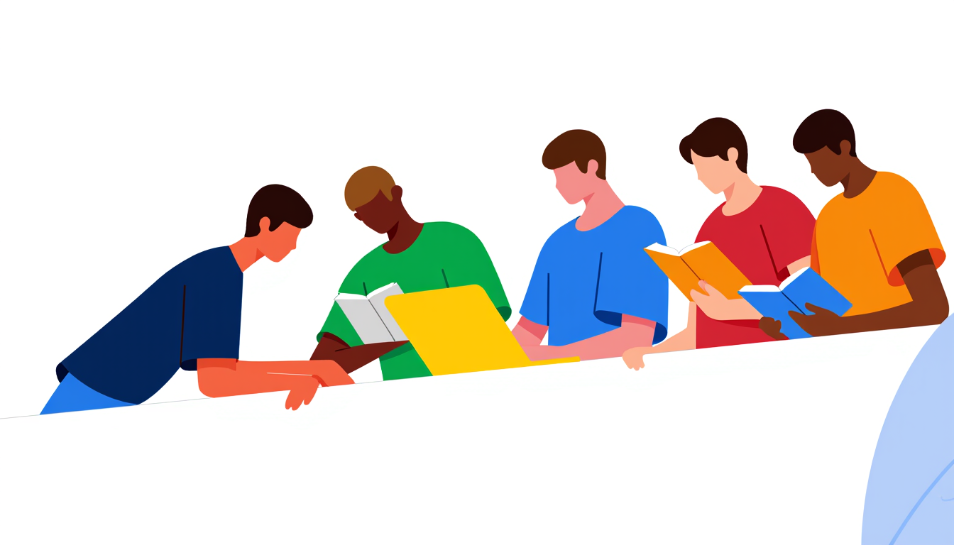 A professional 2D vector illustration, flat design style. The image features a group of male university students, waist-up or partially visible, holding laptops, textbooks, and notebooks. The characters are positioned as if they are peeking over or leaning on a horizontal ledge, with one hand of a student resting firmly on the edge as if interacting with the boundary. Deep navy blue and bright blue color scheme with sharp yellow accents on the notebooks and laptop screens. Clean lines, modern UI aesthetic. The background is completely white/transparent to be easily isolated as a PNG. No female characters, no background environment, just the students focused on their academic gear.