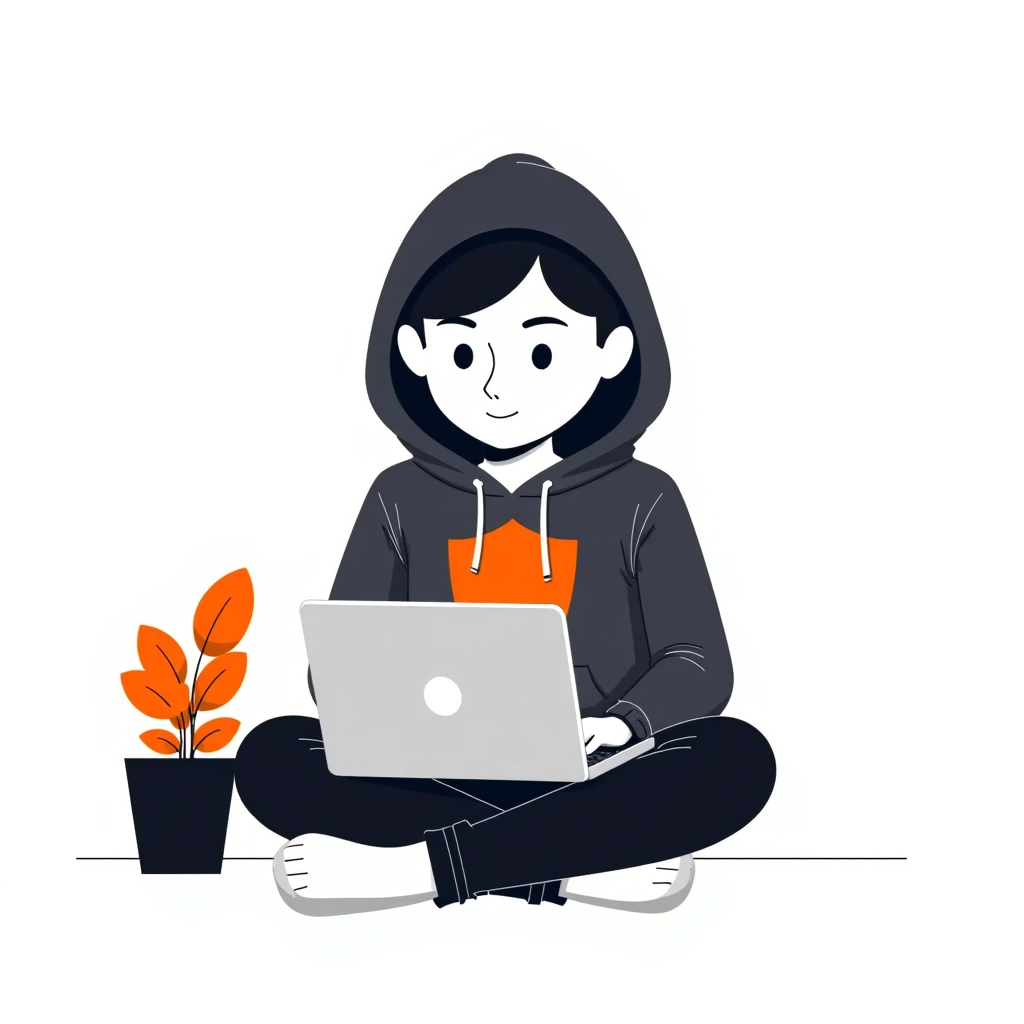 A flat vector mascot character based on the orange HTML5 logo shield, wearing a dark grey developer hoodie with the hood up. clean bold outlines, solid vibrant colors, no shadows, mobile app achievement badge style, white background."