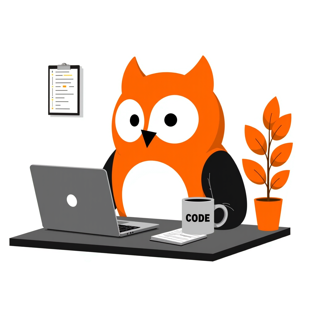 A funny 2D flat vector character of the HTML logo shield. The character has slight dark circles under its eyes (night-owl coder style), holding a simple flat mug with 'CODE' text written on it. Flat design, solid colors, clean geometric shapes, sticker style
