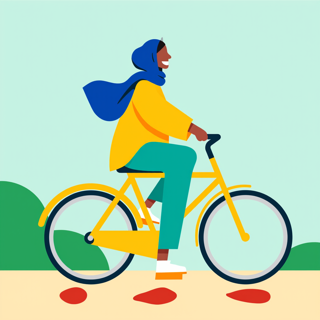 A clean, minimalist avatar illustration for a female user profile. The character is depicted with a hijab, wearing a vibrant yellow outfit. The style is modern and flat design, suitable for a user interface. The focus is on a friendly and approachable expression. The background should be a simple, solid color that complements yellow, or transparent. No complex details, just a clear, stylized portrait.