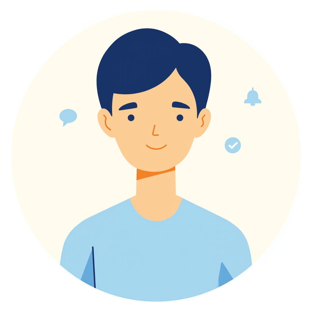 A clean, minimalist avatar illustration for a male user profile, focusing on the face and upper torso. The character is depicted wearing a blue outfit, shown in a direct front-facing view. The style is modern and flat design, with a friendly and approachable expression. The background is transparent for easy integration into UI elements.