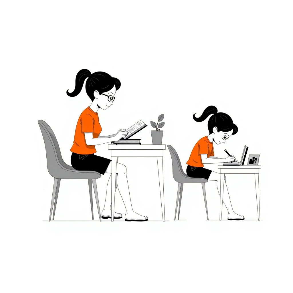 illustration of a child reading a book and studying. the child have  1 ponytail, in pink t-shirt and a skirt.
sitting on a chair with desk, with books on it. 
make multiple images of it
