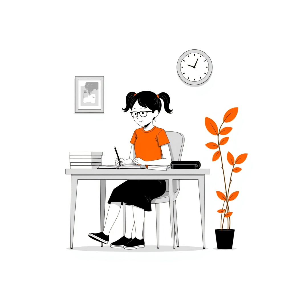 illustration of a child reading a book and studying. the child have 2 1 ponytail, in pink t-shirt and a skirt.
sitting on a chair with desk, with books on it. 