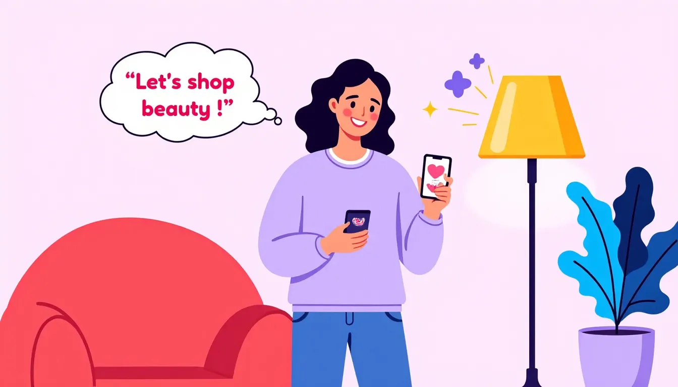 Create a premium, modern lifestyle illustration of a stylish young woman standing confidently in a fashionable, elegant dress, smiling while using her smartphone. The phone is held at a slight angle so the screen is clearly visible to the viewer. Display the "Miss Bae" beauty shopping app interface prominently on the phone screen, with a clean, premium UI featuring beauty products, shopping categories, and the "Miss Bae" branding/logo clearly visible. Above the woman's head, include a soft comic-style thought cloud containing the exact text: "Let's shop beauty". The illustration should convey excitement about shopping for beauty products. Use a contemporary flat/vector or semi-3D illustration style with smooth gradients, clean lines, soft pastel colors (pink, lavender, peach, white), and subtle beauty-inspired elements like makeup brushes, lipstick, skincare bottles, sparkles, or floral accents in the background. The composition should be clean, premium, and suitable for a mobile app advertisement or social media campaign. The woman should appear confident, fashionable, and modern, with a friendly expression and stylish hairstyle. High resolution, crisp details, minimal background clutter, balanced lighting, commercial-quality digital illustration.**
