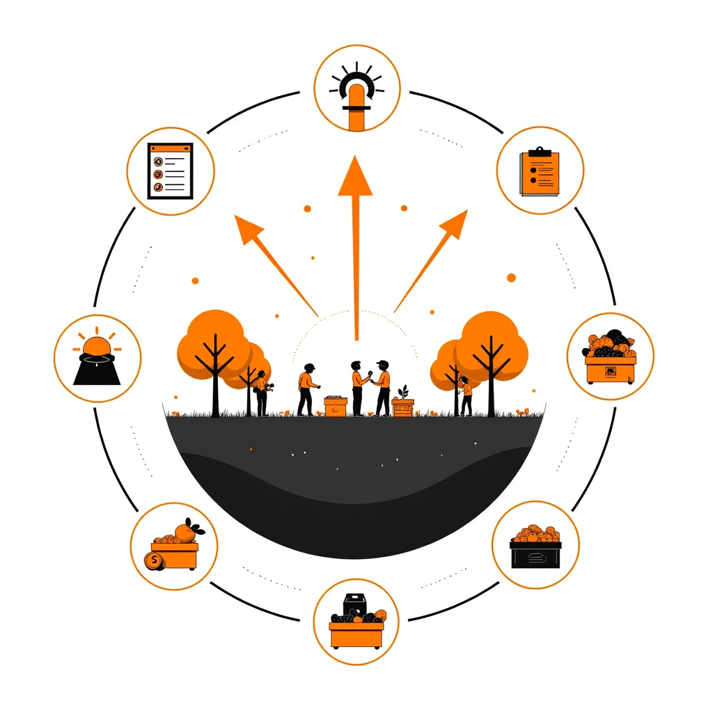 help me to geneate image based on findings- The study identified that the adoption of orchard management practices is influenced by a several factors including socio-economic factors, institutional & policy support and access to information & technology (figure 5). 
3.6.1.1. Agro-climatic and environmental conditions: In precision horticulture, decision support tools play an important role offering real-time insights into orchard conditions and thereby facilitating informed decision making regarding various orchard management practices. The adoption of precision farming techniques in fruit production is an ongoing endeavor and depend upon factors such as regional climate, crop type and availability of technological infrastructure (Kodors et al., 2024). Soil quality, water availability, temperature and rainfall patterns significantly affect the selection and effectiveness of orchard practices. Farmers have reported losses due to various adversities such as 27.7% by hailstorms, 23.4% by erratic rainfall, 85% by drought and rain-induced fruit cracking (Poudel et al., 2022; Correia et al., 2020; Balbontin et al., 2013; Fereres et al., 2003). The prevalence of acidic soil which has low levels of essential exchangeable bases like calcium, magnesium, potassium and sodium are also linked to reduced productivity (Natale et al., 2012). To enhance the productivity of farmers, selection of crop varieties, rootstocks and cultivation techniques that are suitable with regional temperature, rainfall, soil type and water availability is essential (Morariu et al., 2025; Kodors et al., 2024).
3.6.1.2. Socio-economic factor: The adoption of OMPs is strongly influenced by farmers' income levels, education, landholding size and access to labor. Educated and experienced farmers were more receptive to innovations as they possess greater ability to access, interpret and utilize technical information (Wei et al., 2026; Timsina et al., 2025; Nigussie et al., 2019; Ramirez, 2013). Similarly, households with secondary sources of income tend to invest more in improved technologies (Timsina et al., 2025; Nigussie et al., 2019; Mariano et al., 2012) whereas large-scale farmers were more likely to adopt labour-intensive practices (Timsina et al., 2025). These findings support DOI theory which posits that adopter characteristics play a critical role in the diffusion of innovations.
3.6.1.3. Institutional & policy support: According to Timsina et al., 2025; Panta et al., 2023; Nigussie et al., 2019, institutional support is one of the most influential antecedents. Research intervention helps to bridge knowledge gap and offers location specific recommendation. Access to subsidies positively influence the adoption of practices like mulching, application of bordeaux mixture & micronutrient (Panta et al., 2023). This highlights the role of financial support mechanisms in facilitating the adoption of improved orchard management practices by alleviating the financial constraints on farmers (Nigussie et al., 2019). 
3.6.1.4. Access to information & training, association and extension services: It serves an important role by providing farmers with essential knowledge like identification and control of diseases and empowering them to implement effective OMPs (Timsina et al., 2025; Muriithi & Mariara, 2022). Active participation of farmer in training programs and extension services enhances their understanding of technologies and enable them to operate tools more effectively and efficiently. Association or collaboration with fellow farmers to share resources and acquire knowledge can reduce technology expenses (Kodors et al., 2024; Muriithi & Mariara, 2022; Nigussie et al., 2019; Barrett et al., 2012). With the growing use of digital and artificial intelligence-based tools in orchards, access to digital infrastructure and the digital literacy of growers are also becoming important antecedents of adoption. The uptake of precision and AI driven technologies depends on the availability of technological infrastructure and the capacity of growers to interpret and act on the information these tools provide (Kodors et al., 2024). Consistent with the Technology Acceptance Model, growers are more likely to adopt such tools when they perceive them as useful and easy to operate.
3.6.2. Decisions: Orchard management practices
Decisions are the acts of response to preceding factors and are positioned between antecedents and outcomes. These preceding factors may stimulate response towards adoption that ultimately leads to specific outcome. We identified seven decisions on orchard management practices implemented based on the antecedents and the practices are as follows:
3.6.2.1. Site Selection and Land Preparation 
Site selection and land preparation are fundamental decisions that influence the long-term productivity, sustainability and profitability of orchards. The reviewed studies consistently highlighted that the suitable site depends on factors such as climate, soil characteristics, water availability, topography and accessibility (Dickson et al., 2000). Climatic factors like temperature, rainfall and frost risk determine the suitability of fruit crops in specific locations (Meza et al., 2023). Prior to planting, soil testing is essential to assess fertility and pH levels (Srivastava & Singh, 2009). Once the site has been selected, proper land preparation creates favourable conditions for the establishment and growth of trees (McCarthy et al., 2017). Studies have emphasized the importance of adopting suitable planting systems and orchard layouts such as square, rectangular/contour layouts, etc. according to topography and climatic conditions to maximize space utilization and facilitate orchard operations (Trentacoste et al., 2015). Enhancing orchard yields and improving fruits’ pomological characteristics depends on modern planting systems, efficient resource use, balanced fertilizer application and adaptability to environmental conditions (Morariu et al., 2025). In hilly and mountainous regions, reduced tillage and the use of cover crops such as cereals, legumes, natural vegetation have been widely adopted to mitigate soil erosion, reduce nutrient leaching and improve soil water retention capacity (Silveira et al., 2022). Similarly, conservation management practices enhance soil health by augmenting soil organic carbon (SOC) nutrient cycling, primarily through incorporation of organic matter inputs (Rusu et al., 2025; Jakhro et al., 2025).
3.6.2.2. Training/Pruning/Canopy Management
Training, pruning and canopy management are among the most widely reported orchard management practices in regulating tree architecture, improving light distribution and enhancing productivity and fruit quality. Modern orchard systems are designed to optimize light interception and simplify maintenance and ensure uniform light distribution within the tree canopy (Pacchiarelli et al., 2026; Cheesman et al., 2025; Portarena et al., 2024; Kviklys et al., 2022; Anthony & Minas, 2021; Rodrigues et al., 2018; Zhang et al., 2015). In low-density orchards, dense canopies often restrict light penetration to lower branches resulting in reduced yield and need for ladders during management tasks (Ye et al., 2025), while high-density planting systems, characterized by better light penetration, greater number of trees per hectare, enhance overall productivity but often result in competition for light and nutrients, increased pest & disease risk, which may negatively affect fruit size and quality (Muhie et al., 2026; Pacchiarelli et al., 2026; Morariu et al., 2025; Kitajima et al., 2025; Ye et al., 2025; Ling et al., 2025; Ladon et al., 2025; Ladon et al., 2024; Maldera et al., 2023; Hayat et al., 2022; Soysal et al., 2019; Cristofori et al., 2008; Unrath, 2003). To maintain canopy structure and sustain productivity, timely training and pruning are essential (Nancy et al., 2026; Xiang et al., 2025; Morariu et al., 2025; Annabi et al., 2025; Mir et al., 2018; Atay, 2017; Yildirim et al., 2010; Predieri et al., 2003; Unrath, 2003). Training systems regulate canopy vigor and structure, improve light distribution and enhance harvest efficiency & fruit quality (Dias et al., 2025; Cheesman et al., 2025; Pieper et al., 2024; Anthony & Minas, 2025; Barman et al., 2021; Küçüker & Ağlar, 2021). The selection of training system and tree spacing depends on land availability, investment potential, soil & climate conditions, rootstock characteristics and the grower’s goals (Anthony & Minas, 2025; Morariu et al., 2025; Annabi et al., 2025; Neri et al., 2013). Techniques like branch-bending such as Tall Spindle system minimize apical dominance, balance vegetative growth and manage acrotony (Lauri, 2007). Recent advances indicate a transition from labour-intensive canopy management towards precision and mechanized approaches. The use of unmanned aerial systems (UAS) and UAV (unoccupied aerial vehicle) - based monitoring systems enable accurate estimation of tree height, crown area, volume and leaf area index (LAI), thereby supporting site-specific decision related to irrigation, fertilization, pruning and crop protection (Hobart et al., 2026; Tu et al., 2019). In response to labor shortages, contemporary orchard designs are incorporating mechanized pruning, canopy sensing technologies and robotic tools for horticultural operations (Rana et al., 2025; Anthony & Minas, 2021; Yildirim et al., 2010). Aligning appropriate training systems with well-matched scion-rootstock combinations can further improve operational efficiency and reduce dependence on manual labor (Ling et al., 2025). 
3.6.2.3. Weed management
Effective weed management is essential as weeds compete with fruit trees for water, nutrients and sunlight. Weeds can provide habitats for pests & rodents and interfere with orchard operations (Ferreira et al., 2025; Wolter et al., 2023; Hammermeister, 2016; Granatstein et al., 2014). Consequently, growers employ a range of weed control strategies depending on orchard age, production systems, labour availability and environmental considerations. The studies identified manual & mechanical removal, cultural practices, mulching and application of chemical herbicides as the major weed management approaches adopted in orchards (Mia et al., 2020; Singh et al., 2014). Manual and mechanical methods are often used in young orchards (Mhamed et al., 2024), while mulching with organic materials such as straw or synthetic options like black polythene can effectively suppresses weed growth and conserve soil moisture (Parmar et al., 2025; Zangoueinejad & Alebrahim, 2021). Similarly, living mulch and cover crops prevents soil erosion, minimize compaction and improves soil fertility (Granatstein & Sanchez, 2009; Granatstein & Mullinix, 2008; Goh & Tutua, 2004). Organic orchards involve methods such as use of host resistance, careful selection of rootstock and scion cultivars suited to the planting site (Ling et al., 2025; Silvestri et al. 2021; Paul & Aditi, 2009), application of biological control agents, soil amendments and cultural management techniques (Guerra et al., 2024; Shuttleworth, 2021; Zhu et al., 2018). Integrated weed management approaches, which combines multiple control methods has emerged as a suitable strategy for achieving long-term weed suppression while reducing dependence on herbicides (Monteiro & Santos, 2022). Studies have shown that cover crops substantially reduce bare ground and weed populations while improving soil organic carbon (SOC), nutrient availability, biodiversity and overall ecosystem functioning (Wang et al., 2026; Jakhro et al., 2025; Haring et al., 2024; Dichio et al., 2016; Ramos et al., 2010).
3.6.2.4. Irrigation
As water resources become increasingly limited, irrigation emerges as a critical component of sustainable orchard management (Ferreira et al., 2025; Kendall et al., 2022; Hahn et al., 2022; Zhang et al., 2018; Predieri et al., 2003). Adequate water supply directly influences tree growth, fruit yield, size and quality while both water deficits and excess water can adversely affect orchard productivity (Sharifi et al., 2026; Bringhenti et al., 2023; Opara et al., 2000). Therefore, irrigation decisions require careful consideration of water availability, soil characteristics climatic conditions and tree water requirements throughout different growth stages (Perulli et al., 2022; Caruso et al., 2022; Volschenk, 2020). The reviewed studies highlighted a gradual transition from conventional irrigation practices towards water-efficient technologies. Under-tree micro-irrigation systems such as micro-sprinklers, micro-sprays or drip irrigation have been increasingly adopted to improve water use efficiency and optimize crop performance (Sharifi et al., 2026; Bringhenti et al., 2023; Fentabil et al., 2016). In addition, regulated deficit irrigation (RDI), which involves the controlled application of water below full crop requirements during specific growth stages, has emerged as an effective strategy for conserving water without compromising yield and fruit quality (Chalmers et al., 1986; Kendall et al., 2021). Recent advances in precision agriculture have further transitioned irrigation management. 
Sensor-based irrigation systems, remote sensing technologies and data-driven decision tools enable growers to monitor soil moisture, assess canopy vigour and apply the right amount of water at the appropriate time (Sharifi et al., 2026; Kodors et al., 2024; Muñoz-Santisteban et al., 2025; An et al., 2025; Avioz et al., 2025; Caruso et al., 2022; Kendall et al., 2022; Tu et al., 2019). These technologies facilitate site-specific irrigation scheduling and reduce the risks associated with over- or under-irrigation. Collectively, the findings suggest that irrigation management is evolving from traditional scheduling practices towards precision-based approaches that enhance water productivity, improve resilience to climate change, and support sustainable orchard production.
3.6.2.5. Nutrient Management
Proper nutrient management ensures that fruit trees receive balanced and adequate supply of essential nutrients throughout their growth stages from planting to fruiting (Timsina et al., 2025; Silvestri et al. 2021; Zhou & Melgar, 2020; Carranca et al., 2018; Mays et al., 2015). Intercropping improves soil micro-ecological environment by influencing fauna and microorganism that results in enhanced nutrient availability, soil aggregate stability and increased soil carbon formation (Zhu et al., 2025). Nutrient management decision focuses on optimizing fertilizer application rates, improving nitrogen use efficiency and adopting environmentally sound fertilization schedules to minimize resource wastage and environmental pollution (Avioz et al., 2025). Adoption of soil-test based fertilization and recommended nutrients reduced environmental burdens by 44-56% compared with prevailing farmer practices (Wang et al., 2020).
Increasing attention has also been directed towards sustainable nutrient sources and soil health management. Utilization of organic manure, compost and cover crops enhances biological properties of soil, increased resource efficiency and higher productivity potential (Bai et al., 2026; Wang et al., 2026; Mehta et al., 2025; Jakhro & Li., 2025; Srivastava et al., 2021; Haberman et al., 2019; Dutta et al., 2010). Similarly, intercropping systems improve soil micro-ecological conditions by enhancing nutrient cycle, soil aggregation and carbon sequestration (Zhu et al., 2025). In contrast, excessive reliance on inorganic fertilizers and intensive tillage practices results in nutrient imbalances, soil degradation and reduced water-holding capacity (Wang et al., 2026; Liu et al., 2024; Zhang et al., 2022, 2024; Vasilikiotis et al., 2020; Abdelrahman & Darwesh, 2020). Researcher recommended rational fertilization of fruit trees to achieve a balance between the annual nutrient requirements and nutrients depleted through orchard management practices i.e., pruning, thinning fruitlets harvesting and natural occurrences like leaf fall (Zhou & Melgar, 2020; El-Jendoubi et al., 2013; Roccuzzo et al., 2012; Rodrigues et al., 2012). 
3.6.2.6. Pest and disease management
Pest and disease management is essential for maintaining tree health, high-quality fruit production and minimizing economic losses (Joshi et al., 2016; Damos et al., 2015; Peck et al., 2006). Orchards are susceptible to various pests and diseases that can impact yield and fruit quality if not managed properly (Gitea et al., 2019; Peck et al., 2006). Effective control of pest and disease starts with regular monitoring and early detection through field inspections, pheromone traps and disease forecasting tools (Holb et al., 2012). Managing pests and diseases in orchard practices involves integration of functional biodiversity, effective soil management and strategic fertilization approaches (Furmanczyk et al., 2022; Ben-Hamo et al., 2020; Damos et al., 2015). Cultural practices such as routine sanitation, pruning, crop rotation and timely application of pesticides help in minimizing the incidence and severity of dieback disease in fruit and agronomic techniques like grafting and wounding can reduce risk of disease development (Furmanczyk et al., 2022). Integrated Pest Management (IPM) is widely recommended which integrates cultural, mechanical, biological and chemical control methods to manage pest populations in an environmentally sustainable manner (Schaeffer et al., 2021; Damos et al., 2015; Bouvier et al., 2005). 
3.6.2.7. Harvesting 
Harvesting at proper timing is essential to ensure that fruits are picked at their best maturity and balancing factors such as size, color, firmness & sugar content to obtain fruit quality, market value and overall profitability (Annabi et al., 2025; Tahir & Nybom, 2013; Beckles, 2012; Tahir et al., 2008). Early harvest produces poor flavor and underdeveloped fruit (Li et al., 2015; Kadar, 2008) whereas delayed harvest increases the risk of over-ripening, susceptibility to pests & diseases and post-harvest losses (Zhang et al., 2021; Bill et al., 2014; Beckles, 2012). Proper maturity at harvest significantly influences fruit quality (Neves et al., 2022; Li et al., 2015). Efficient harvesting method using appropriate tools and careful handling, help prevent physical damage to the fruit and tree (Dyjakon, 2019; Hussein et al., 2018; Sivakumar et al., 2011; Opara, 2007). In many orchards, selective/staggered harvesting is practiced to accommodate uneven ripening, allowing multiple pickings to maximize yield and quality. However, repeated harvesting operations increased risk of bruise damage or mechanical injury of fruits and require proper handling & transportation (Hussein et al., 2018; Mio et al., 2011; Sivakumar et al., 2011). The integration of automation has shown useful in minimizing such losses, as Imanbayeva et al. (2025) reported that dual-manipulator robotic systems achieved harvesting rates of 12 trees per hour while reducing fruit losses from over 30% under manual harvesting to 14.5%. Following harvest, appropriate post-harvest handling including cleaning, grading, packing and storage is required to maintain freshness and reduce spoilage (Sivakumar et al., 2011). Proper storage conditions and the ability to maintain quality after harvest are crucial to safeguard quality and reduces losses, allowing farmers & traders to sell their produce at optimal prices (Silvestri et al. 2021; Sivakumar et al., 2011).
3.6.2.8. Artificial Intelligence and Machine Learning as Cross-Cutting Enablers
Across the seven decisions identified above, artificial intelligence (AI) and machine learning (ML) emerged as cross-cutting enablers rather than as a standalone practice. These technologies support data acquisition, prediction and automated decision-making that span site assessment, canopy management, irrigation, nutrient management and harvesting. Unmanned aerial systems combined with data-driven models have been used to estimate tree height, crown area, canopy volume and leaf area index, thereby informing site-specific decisions on irrigation, fertilization, pruning and crop protection (Hobart et al., 2026; Tu et al., 2019). Predictive models built on UAV-based multispectral imagery have been applied to forecast apple fruit diameter and length (An et al., 2025), while UAV-satellite data fusion has been used to predict canopy nitrogen content for site-specific fertilization (Avioz et al., 2025). Kodors et al. (2024) demonstrated an autonomous yield estimation system for small commercial orchards by integrating UAV imagery with AI, indicating the feasibility of low-cost decision support even for resource-constrained growers.
AI and ML also support the management of input use and labour-intensive operations. In irrigation and nutrient management, sensor-based systems, remote sensing and data-driven decision tools enable growers to monitor soil moisture and canopy vigour and to apply inputs at the appropriate time and rate (Muñoz-Santisteban et al., 2025; Caruso et al., 2022). For labour-intensive tasks, sensing and automation in pruning (He & Schupp, 2018), automated orchard equipment (Mhamed et al., 2024) and robotic harvesting systems (Rana et al., 2025; Imanbayeva et al., 2025) reduce dependence on manual labour and minimize fruit losses. Collectively, these applications indicate that AI and ML are progressively transitioning orchard management from experience-based and calendar-based decisions towards predictive and precision-based approaches. This transition is consistent with the Technology Acceptance Model, as growers adopt such tools when they are perceived as useful and easy to operate, and with the Technology-Organization-Environment framework, in which the availability and compatibility of digital infrastructure shape adoption.
3.6.3 Outcomes: Impact of Adoption
The adoption of OMPs has been associated with significant improvements in agronomic, economic, environmental and social performance. Timsina et al. (2025) reported that the adoption of practices like fertilizer use, pruning, pest and disease control and nutrient management was positively associated with education, ethnicity, labor availability, secondary income, extension access and subsidies. Intercropping was influenced by labor but negatively associated with education, income sources, orchard size and extension access while other practices showed no significant socio-economic association. Similarly, Wei et al. (2026) found that adoption of climate smart orchard management practices enhanced the technical efficiency of citrus farm in China. The study found 1% increase in the adoption of practices resulted in a 5% increase in citrus production. Education, orchard age, market contracts, extension services, government support and use of internet were the factors influencing the effectiveness of OMP. 
Effective site selection and land preparation enhance plant growth, ensure optimal soil conditions, proper drainage and favorable microclimatic settings (Jakhro et al., 2025; Srivastava & Singh, 2009; Dickson et al., 2000). Training/pruning/canopy management improve light penetration, thereby enhancing photosynthesis, reducing disease incidence, stimulate new vegetative growth, support fruit load and simplify orchard maintenance (Anthony & Minas, 2025; Ling et al., 2025; Ladon et al., 2024). Weed management improves orchard growth and yield, prevent harboring of pests & diseases and supports soil health, thereby creating a more favorable environment for fruit trees (Mia et al., 2020; Hammermeister, 2016). Nutrient management promotes vigorous plant growth, root development and long-term soil fertility, while efficient irrigation practices improve water-use efficiency and support critical stages of fruit development (Timsina et al., 2025; Mašán et al., 2025; Perulli et al., 2022; Caruso et al., 2022; Fentabil et al., 2016). Zhang et al. (2026) and Wang et al. (2020) reported that optimized fertilizer management significantly improved agronomic, environmental and economic performance. Farmers following the high yield-high partial factor productivity of nitrogen (HH) management strategies achieved 6-39% higher yields, reduced environmental impacts by 15-49% and increased economic returns by 17-58% compared with conventional management (Zhang et al., 2026). Integrated use of pest and disease management reduces production losses by controlled pest populations and minimizing disease incidence, thereby safeguarding yield and improving farm income (Furmanczyk et al., 2022; Damos et al., 2015). Increasing use of Unmanned Aerial Vehicles (UAVs) and satellites further support timely decision making through improved monitoring of crop health and site-specific management of irrigation, fertilization and pest control (An et al., 2025; Avioz et al., 2025; Kodors et al., 2024). In addition, harvesting at right time minimizes postharvest losses, improves fruit quality, enhances farmers’ livelihoods and market potential (Beckles, 2012; Tahir et al., 2008). More broadly, the integration of artificial intelligence and machine learning with these technologies improves the timeliness and precision of orchard decisions, thereby enhancing resource-use efficiency and yield while reducing input wastage (An et al., 2025; Avioz et al., 2025; Kodors et al., 2024).

Figure 5: ADO framework of OMPs
Based on observed outcomes of OMP adoption, the findings can be interpreted through established theoretical perspectives that provide deeper insights into growers’ adoption behaviour. Consistent with DOI theory, factors such as education, extension contact, farmer associations and access to information facilitate the diffusion of orchard management innovations within farming communities. TAM provides insight into the increasing adoption of precision orchard technologies, suggesting that growers are more likely to implement innovations such as UAV-based monitoring systems, smart irrigation technologies and decision-support tools when these technologies are perceived as useful and easy to operate. Similarly, the TOE framework highlighted that OMP adoption is shaped by the interaction of technological factors (availability, compatibility and complexity of innovations), organizational factors (farm size, labour availability, managerial capability and financial resources) and environmental factors (climatic conditions, institutional support, market pressures and policy incentives). Together, these perspectives broaden the understanding of the multidimensional factors underlying orchard management practice adoption.