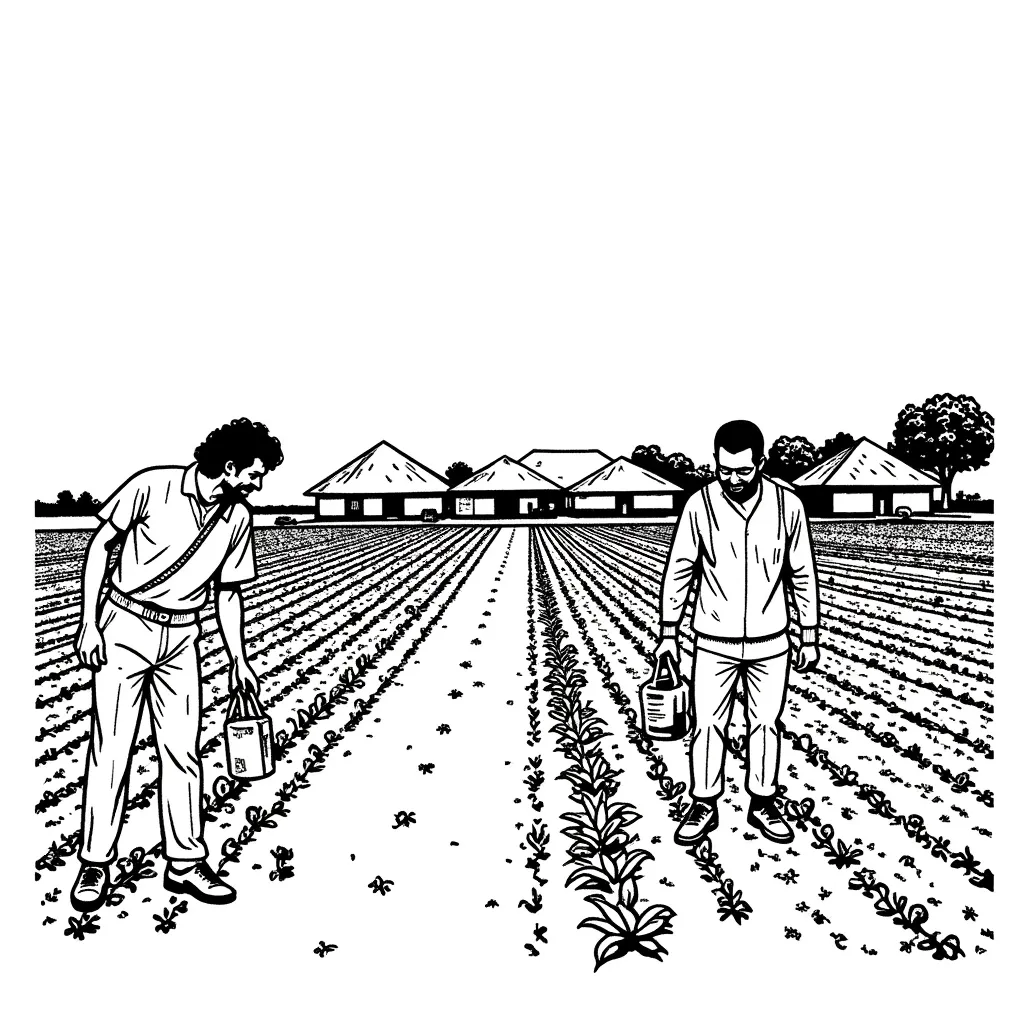 create a video scene of a community setting, in Uganda, farmers in their gardens