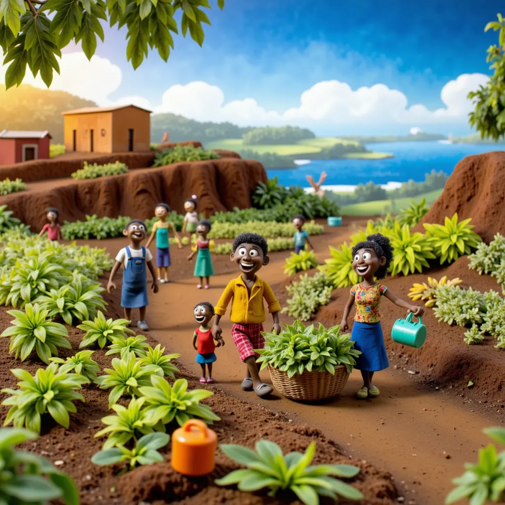 create a video scene of a community setting, in Uganda, farmers in their gardens
