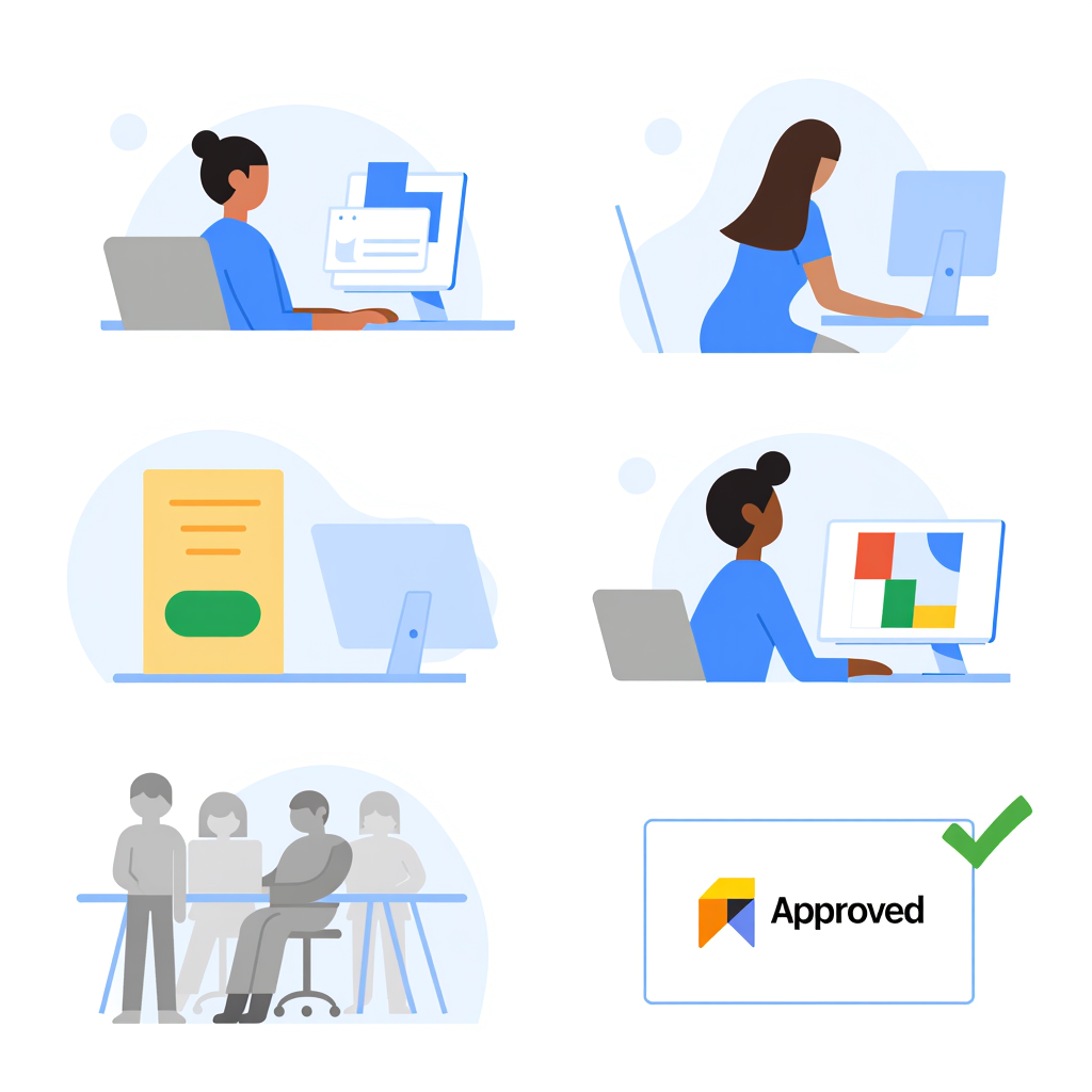 A step by step graphic that shows the workflow of a young graphic designer brainstorming a logo design. The young graphic designer is in a busy office at a computer screen inbputting ideas and generating images.