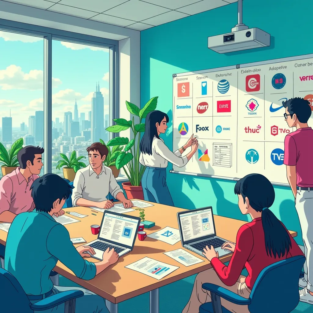 A group of young designers in front of a board of a variety of logos generated by AI. They are trying to choose the best one. They are in a board room and the logos are printed out and on a large presentation board. A young female designer is pointing at one of the logos and discussing why it is the best choices.