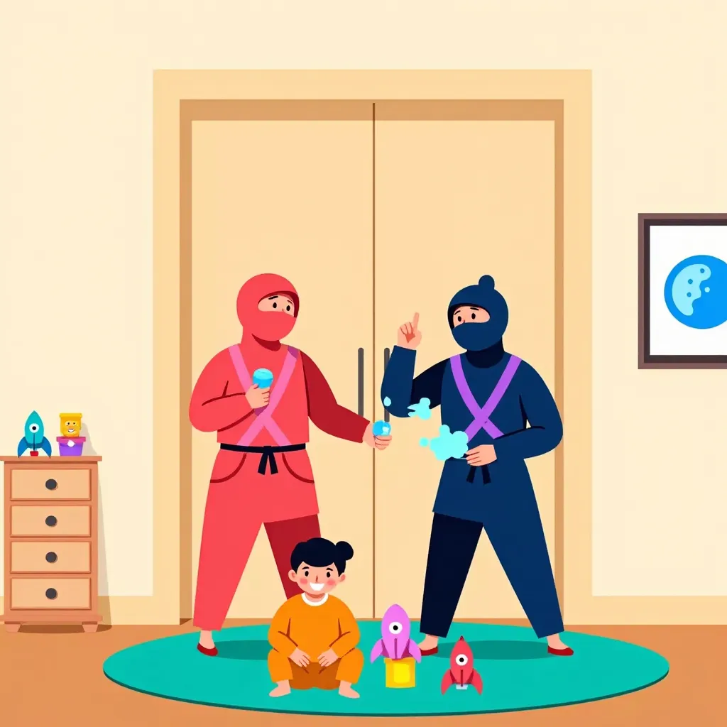 a couple of male and female, wearing ninja costume, hiding in the wall, in the behind there is a toddler playing with his toys 