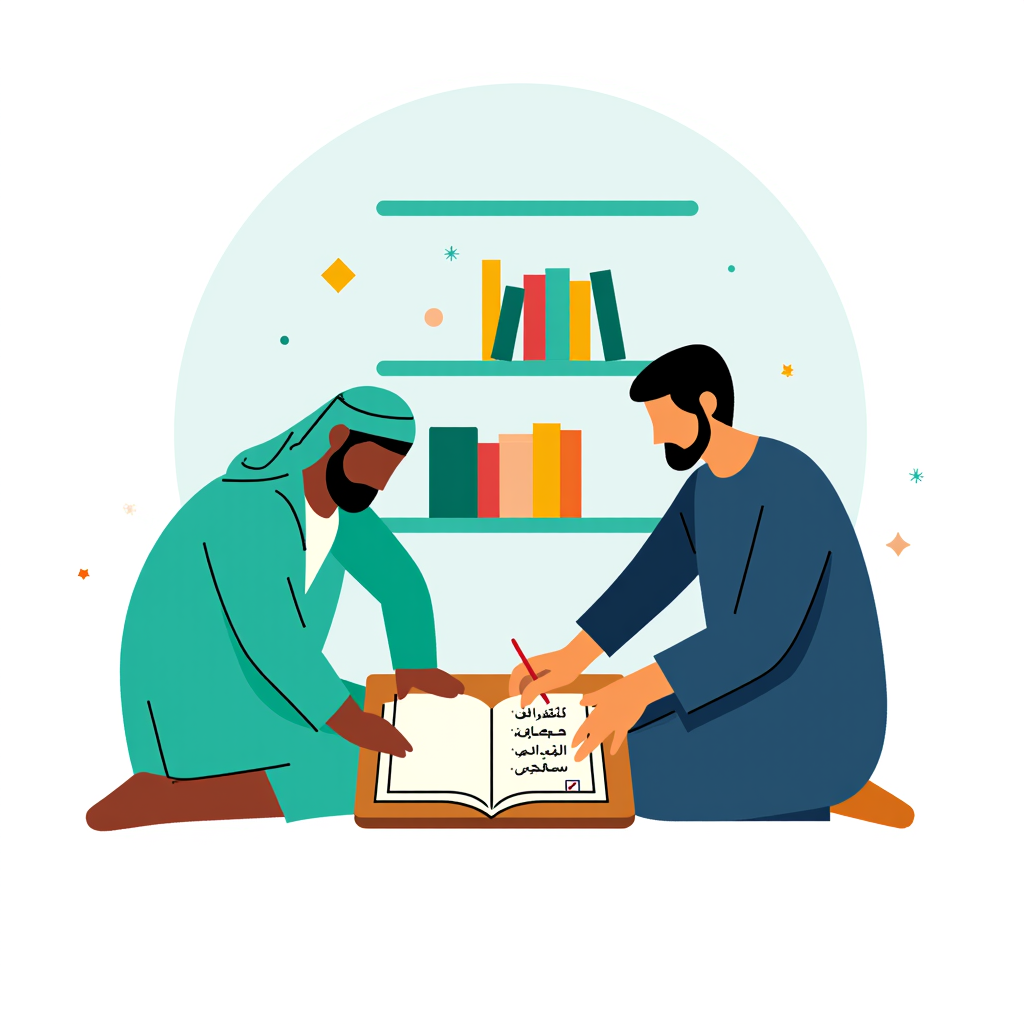 Cinematic photograph, wide landscape composition, cast: two British Muslim men of South Asian and Arab heritage, warm brown to olive skin, dark hair and eyes, one bearded, both in loose full-length thobes reaching the ankles: seated cross-legged at a low wooden table studying an open classical Arabic manuscript together, warm lamplight, deep velvet teal library shelves lined with old books in the background, fine kiswah-gold Islamic geometric pattern on a floor cushion, dignified scholarly mood.