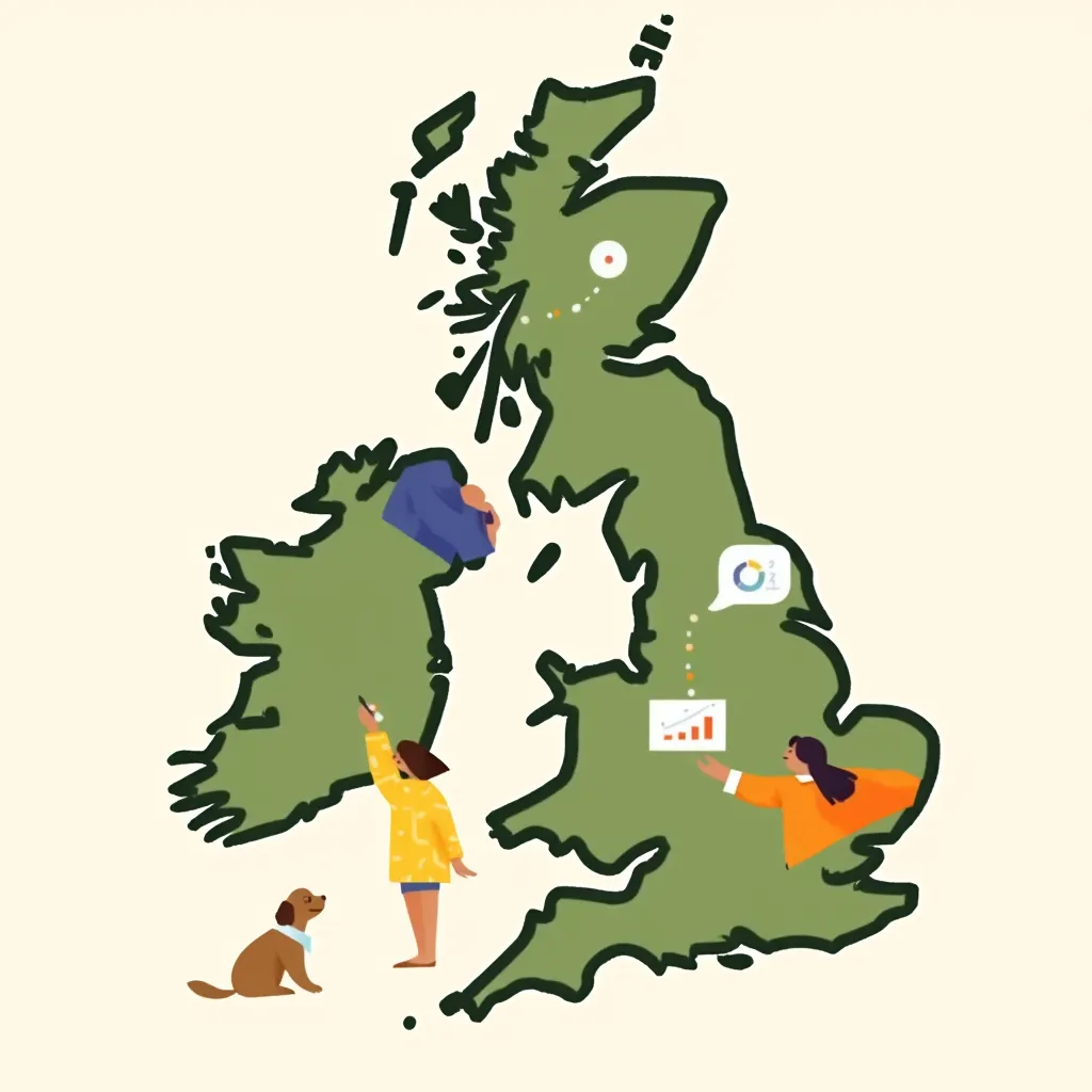 Flat 2D illustrated map of United Kingdom showing only the country silhouette and internal state/region border lines. Minimalist design. Single flat color fill for the land (soft muted green or sage). Thin dark border lines for state/region divisions. No landmarks, no icons, no trees, no decorations, no animals, no buildings, no cultural elements, no textures, no grain, no gradients. Clean vector look. Top-down view. Accurate country shape with correct internal administrative boundaries. Solid white or light cream background. Simple, clean, minimal. Suitable for mobile app UI at small sizes. High resolution.