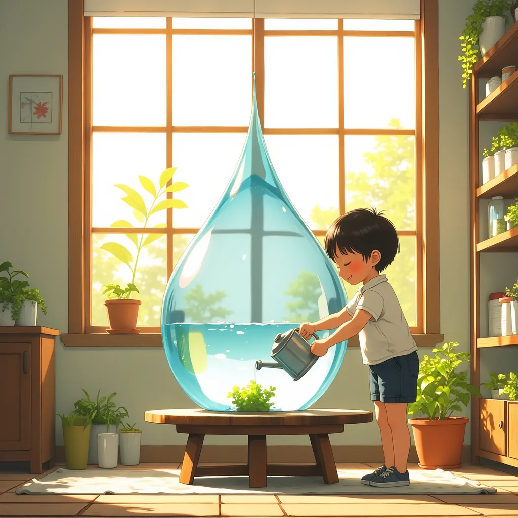 ### Image Generation Prompt — “Every Drop of Water Matters”
Create a **modern, minimal, child-friendly illustration** about the importance of saving water. Place a **large, clear water droplet** at the center of the composition as the main visual symbol. A cheerful child gently protects and cares for the water droplet, expressing the idea that **even a single drop of water is valuable**.
Add a few simple and subtle elements of nature around the droplet, such as a tiny green sprout, a small leaf, or a delicate flower, symbolizing how water supports life. Keep the composition **clean, spacious, and uncluttered**, with soft rounded shapes, simple lines, gentle cheerful colors, and plenty of negative space.
Style: **modern children's picture-book illustration, minimal, playful, warm, contemporary, clean shapes, soft pastel colors, simple visual storytelling, charming and educational, high-quality editorial illustration**.
**No text, no typography, no logos, no complex background, no photorealism, no unnecessary details.**