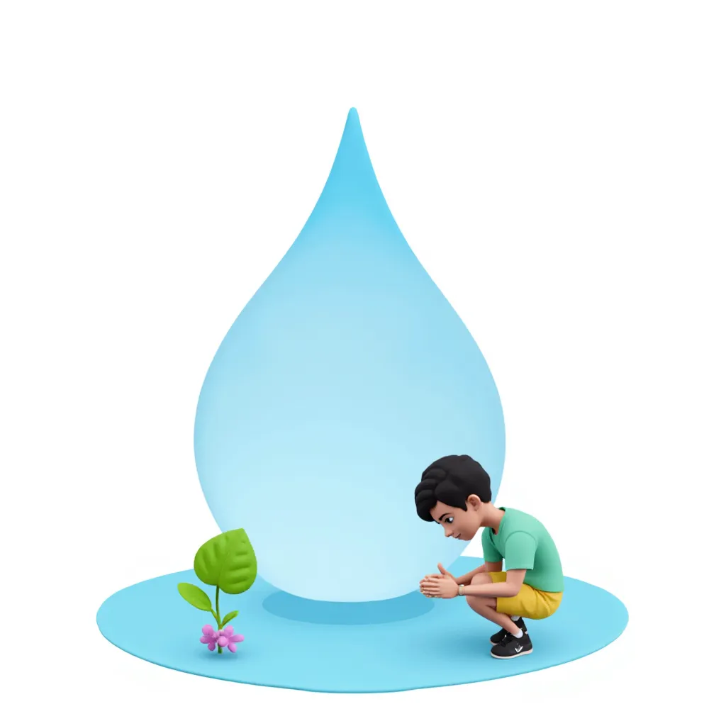 ### Image Generation Prompt — “Every Drop of Water Matters”
Create a **modern, minimal, child-friendly illustration** about the importance of saving water. Place a **large, clear water droplet** at the center of the composition as the main visual symbol. A cheerful child gently protects and cares for the water droplet, expressing the idea that **even a single drop of water is valuable**.
Add a few simple and subtle elements of nature around the droplet, such as a tiny green sprout, a small leaf, or a delicate flower, symbolizing how water supports life. Keep the composition **clean, spacious, and uncluttered**, with soft rounded shapes, simple lines, gentle cheerful colors, and plenty of negative space.
Style: **modern children's picture-book illustration, minimal, playful, warm, contemporary, clean shapes, soft pastel colors, simple visual storytelling, charming and educational, high-quality editorial illustration**.
**No text, no typography, no logos, no complex background, no photorealism, no unnecessary details.**