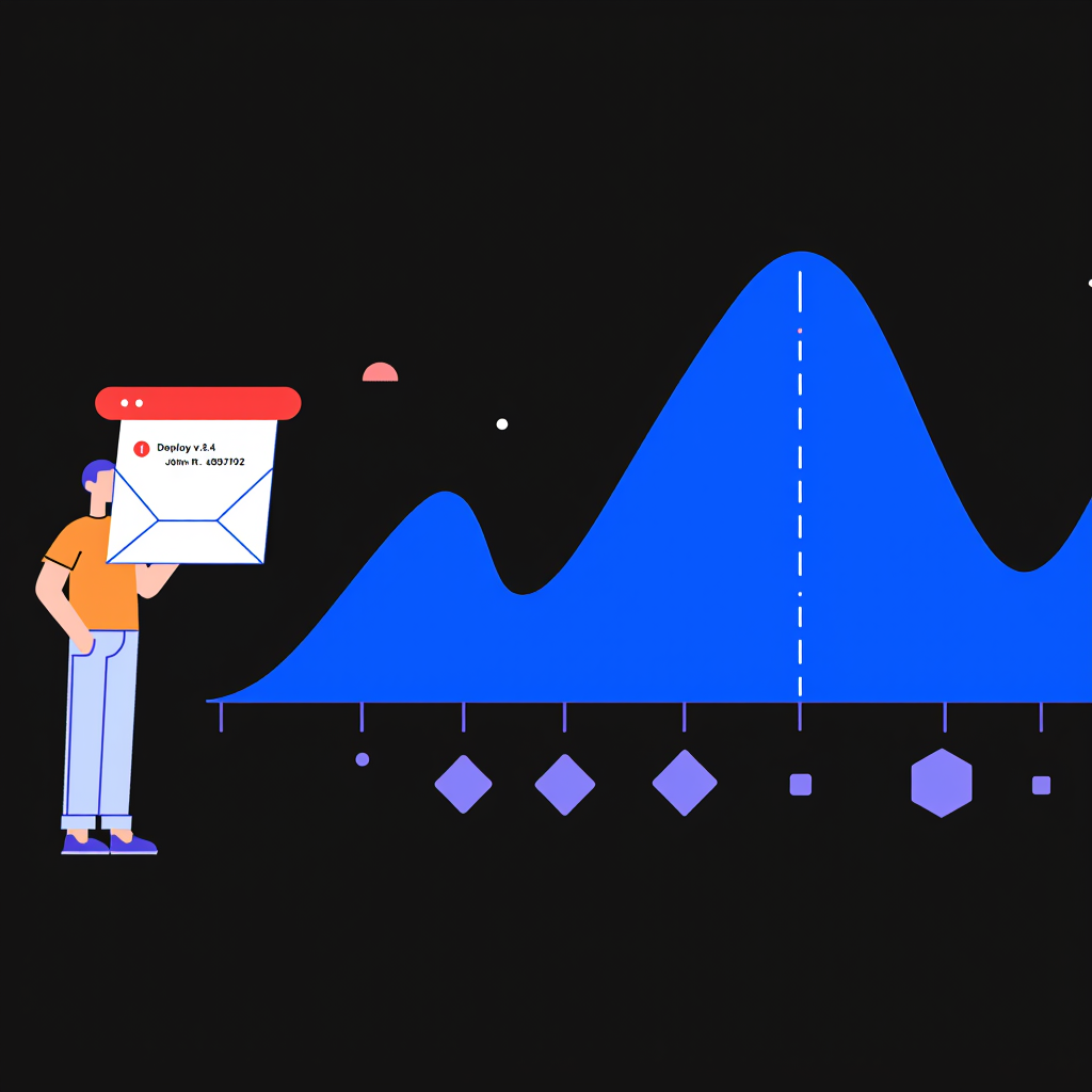  Deployment Correlation Timeline (wide)

Dimensions: 1600 × 686 px

A deployment correlation timeline UI. A horizontal th. Above the axis: a performance score line chart (LCPin ms) that shows a sharp regression spike. Exactly at the spike, a vertical dashed line drops down labeled "Deploy v2.4.1 — John R." with a git commit hash. Below the axis: a row of deploy event markers (diamond icons) in electric violet #8b7cf6. The regression region is shaded with a faint amber #f0b86c overlay. The re0a8. Near-black background, crisp typography, SaaS developer tool aesthetic.