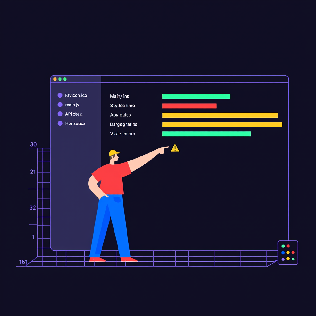Dimensions: 1200 × 750 px

 A network request waterfall chart in a dark UI. Near-black background. Rows of requests down the left column (favicon, main.js, styles.css, api/data, large-image.webp, etc.) with he right. One bar — a large JS bundle — is blocking all subsequent requests and is highlighted in amber #f0b86c . Teal #4fe0a8 used for fast requests.. Crisp monospace font labels, dark mode, developer tool aesthetic.