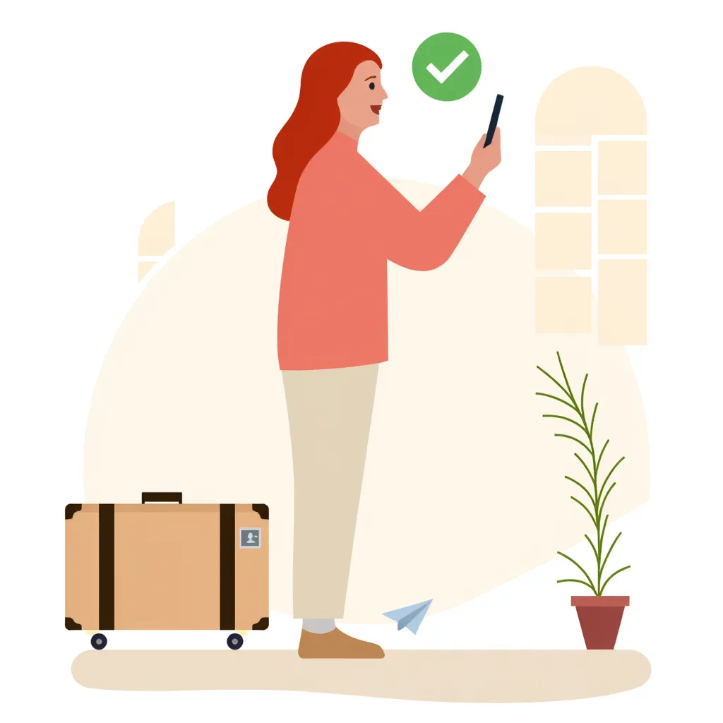 Flat vector illustration, modern minimal style: a young woman smiling with joyful relief, holding up her smartphone — the phone screen shows one large green checkmark in a circle (request successfully sent). She wears a cozy sweater in coral orange #F05F40 (the brand color, make the sweater clearly this color). She looks excited about an upcoming surprise trip: beside her a small cabin suitcase, a tiny paper plane flying in the background. Warm, friendly palette: soft cream background #FFF7EF, coral orange #F05F40 reserved for the sweater and small accents, fresh green #2E9E5B used only for the checkmark. Clean rounded shapes, flat colors with subtle soft shadows, generous negative space, centered composition. No text, no letters, no logos, no photorealism. Square 1:1, crisp edges, suitable as a website success-page illustration.