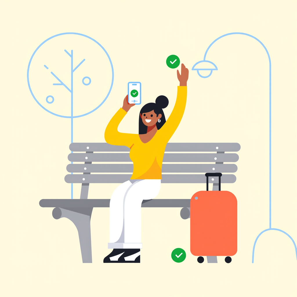 Flat vector illustration, modern minimal style: a young woman smiling with joyful relief, holding up her smartphone — the phone screen shows one large green checkmark in a circle (request successfully sent). She looks excited about an upcoming surprise trip: beside her a small cabin suitcase, a tiny paper plane flying in the background. Warm, friendly palette: coral orange #F05F40 as the accent color, soft cream background #FFF7EF, fresh green #2E9E5B used only for the checkmark. Clean rounded shapes, flat colors with subtle soft shadows, generous negative space, centered composition. No text, no letters, no logos, no photorealism. Square 1:1, crisp edges, suitable as a website success-page illustration.