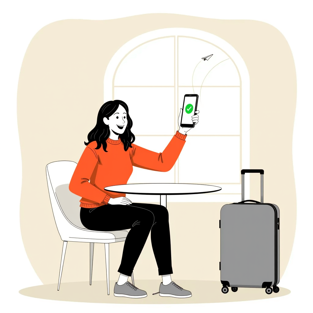 Flat vector illustration, modern minimal style: a young woman smiling with joyful relief, holding up her smartphone — the phone screen shows one large green checkmark in a circle (request successfully sent). She wears a cozy sweater in coral orange #F05F40 (the brand color, make the sweater clearly this color). She looks excited about an upcoming surprise trip: beside her a small cabin suitcase, a tiny paper plane flying in the background. Warm, friendly palette: soft cream background #FFF7EF, coral orange #F05F40 reserved for the sweater and small accents, fresh green #2E9E5B used only for the checkmark. Clean rounded shapes, flat colors with subtle soft shadows, generous negative space, centered composition. No text, no letters, no logos, no photorealism. Square 1:1, crisp edges, suitable as a website success-page illustration.