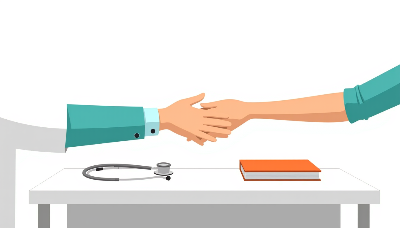 **A clean, premium vector-style medical illustration showing only the full hands and forearms of a doctor and a patient, symbolizing trust, compassion, and reassurance. The doctor’s two hands gently and securely hold the patient’s hand from both sides in a comforting gesture. The doctor wears a white medical coat with light-blue cuffs, while the patient wears a simple teal/green sleeve. Show the complete hands and fingers clearly, with anatomically natural proportions and realistic hand positioning. No faces, no heads, no bodies, no text, no icons. Plain pure white background, isolated composition, soft professional healthcare aesthetic, smooth vector outlines, subtle shading, minimal details, polished editorial illustration, suitable for a medical awareness poster, high resolution, full hands and forearms visible