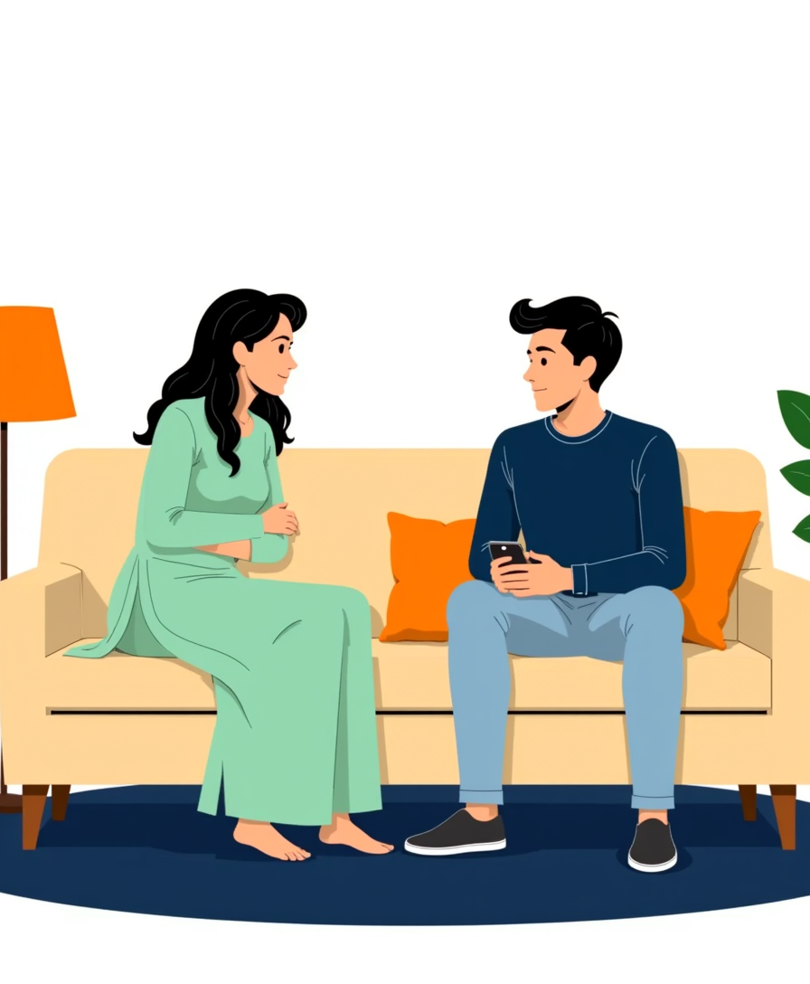 A digital illustration depicting a young South Asian couple experiencing a relationship conflict, sitting at opposite ends of a beige couch. On the left, a woman with long, dark wavy hair wears a light green traditional salwar kameez with dark green leggings, leaning her head on her hand with a pensive, slightly upset expression. On the right, a man with a beard and dark hair is dressed in a dark teal button-down shirt and light blue jeans, sitting with his legs crossed and his head resting on his hand, looking away from the woman. The atmosphere is tense and quiet. The background is minimalist and clean with a white setting, featuring a potted plant to the left and a floor lamp to the right. The lighting is soft and even, highlighting the clean lines of the vector-art style. The composition is balanced and symmetrical, emphasizing the physical and emotional distance between the two figures, who are both facing away from each other.