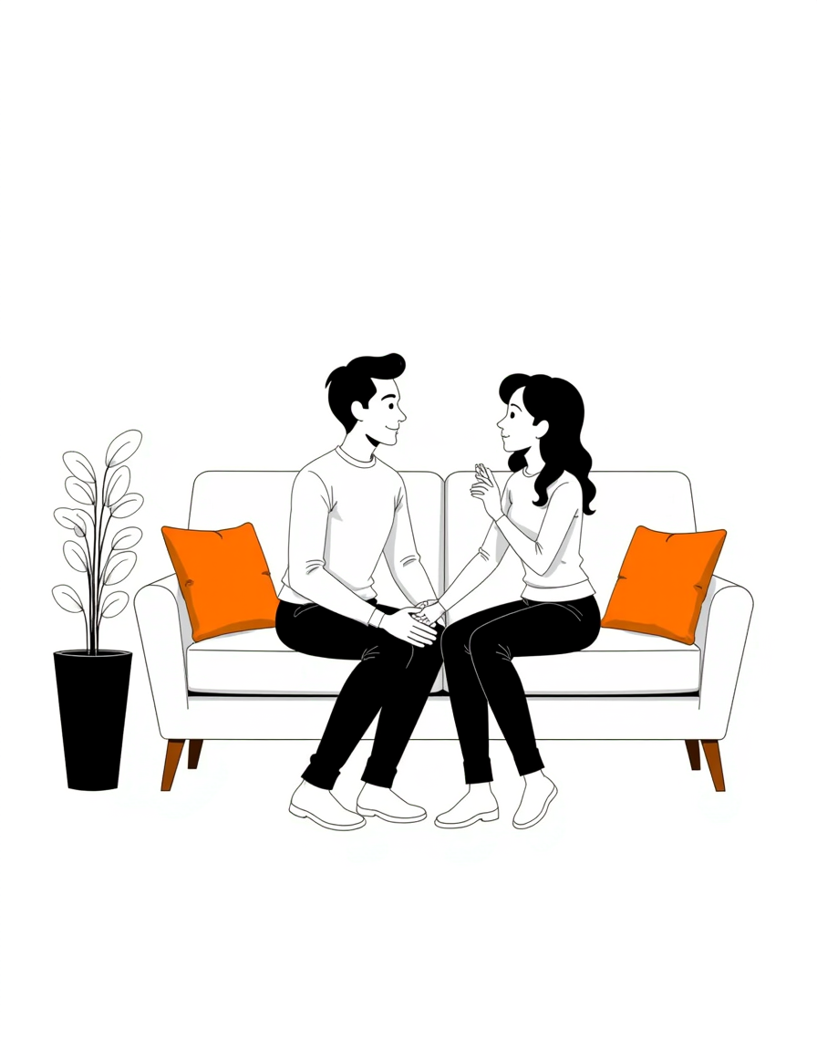 ### Image generation prompt
A clean, premium editorial illustration of a young South Asian husband and wife sitting together on a full modern sofa, having a private conversation about sexual and reproductive health. Both should look slightly shy, uncomfortable and concerned rather than happy — subtle hesitation in their eyes, raised eyebrows, gentle tension in their facial expressions, and restrained body language. The husband is explaining something with calm hand gestures, while the wife listens thoughtfully with one hand near her chin. They are looking at each other, showing trust but also a little embarrassment about discussing an intimate health topic.
Full sofa must be completely visible, including both armrests and all four wooden legs. Show the couple from head to feet with their entire bodies visible. Modern minimal sofa with a few simple cushions. No room/background elements — isolated composition on a transparent background. Soft muted teal, sage green, cream and beige color palette, polished semi-realistic vector illustration, smooth gradients, crisp clean outlines, professional healthcare campaign aesthetic, natural South Asian features, anatomically correct hands and feet, balanced composition, high detail, PNG with transparent background, no text, no logos, no watermark.