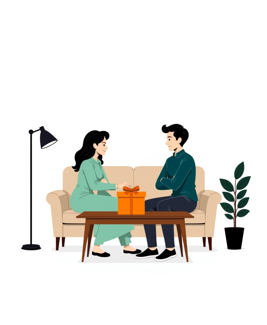 A digital illustration depicting a young South Asian couple experiencing a relationship conflict, sitting at opposite ends of a beige couch. On the left, a woman with long, dark wavy hair wears a light green traditional salwar kameez with dark green leggings, leaning her head on her hand with a pensive, slightly upset expression. On the right, a man with a beard and dark hair is dressed in a dark teal button-down shirt and light blue jeans, sitting with his legs crossed and his head resting on his hand, looking away from the woman. The atmosphere is tense and quiet. The background is minimalist and clean with a white setting, featuring a potted plant to the left and a floor lamp to the right. The lighting is soft and even, highlighting the clean lines of the vector-art style. The composition is balanced and symmetrical, emphasizing the physical and emotional distance between the two figures, who are both facing away from each other.