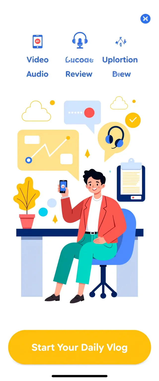 Flat-design editorial illustration for a modern daily-vlogging and self-expression app. A friendly, expressive character sits at a simple desk, surrounded by visual elements representing four ways to capture a daily vlog: a smartphone/camera with a small recording indicator for Video, headphones and a microphone for Audio, a small teleprompter screen with scrolling text for Speak with Teleprompter, and a notebook with a pen for Write. The character is casually interacting with one of these tools, holding a phone or microphone, with subtle recording and upload symbols floating around them.
Use a minimal, playful flat-design style with simple geometric shapes, clean black outlines, slightly awkward oversized objects, and charming visual proportions. Include small line-drawn clouds and abstract decorative shapes in the background. Keep the composition spacious and uncluttered, with a warm yellow, cream, soft blue, and muted orange color palette.
Add a large rounded yellow "Start Your Daily Vlog" button in the bottom-right corner. Include subtle visual hints of the user's workflow: Record → Upload → Review → Edit, represented through simple icons rather than detailed UI.
The overall illustration should feel friendly, youthful, creative, slightly quirky, and approachable, suitable for an onboarding/login screen of a premium but simple mobile/web app. No photorealism, no gradients, no complex textures, no 3D rendering, no excessive detail, clean flat vector aesthetic, consistent line weight, lots of whitespace.