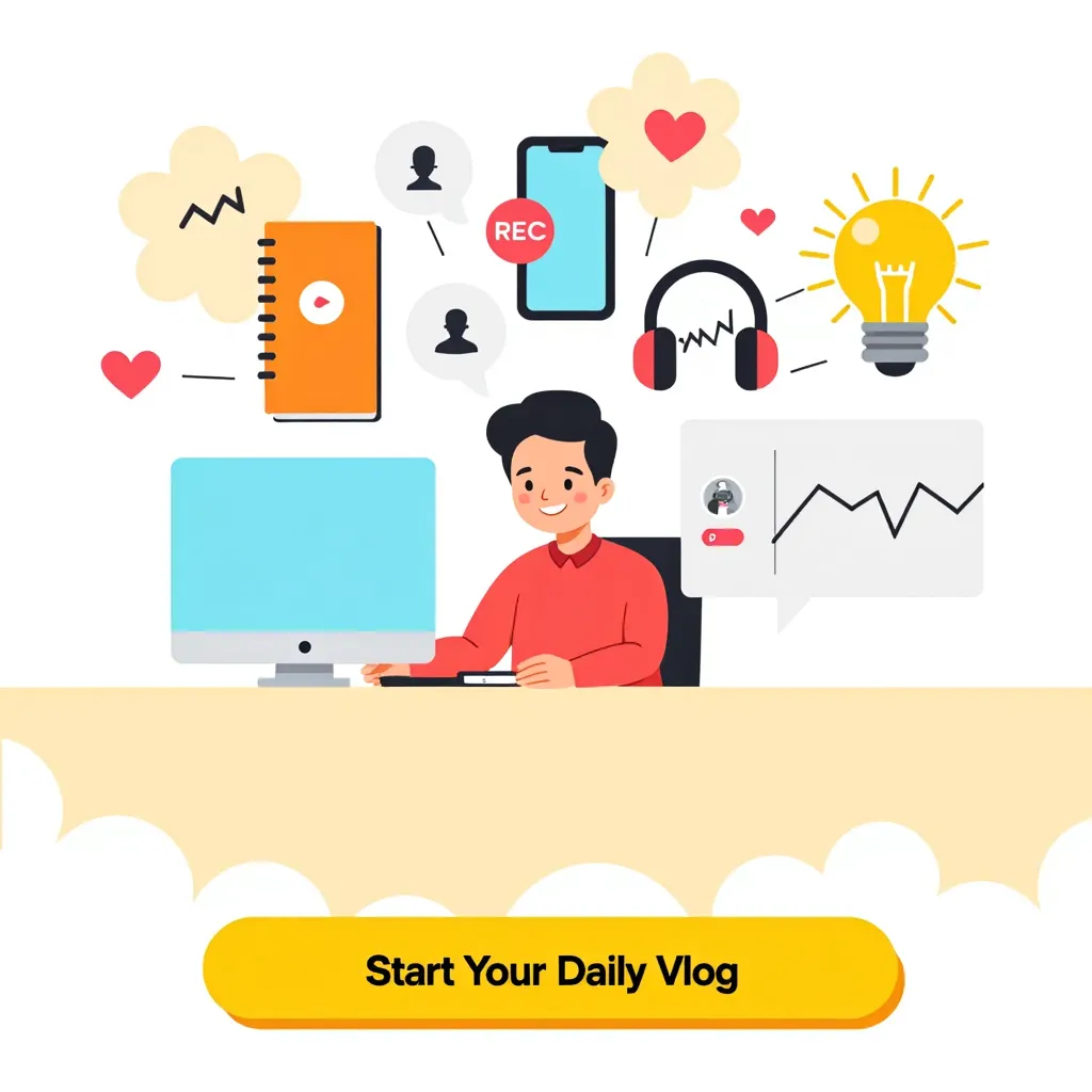 Flat-design editorial illustration for a modern daily-vlogging and self-expression app. A friendly, expressive character sits at a simple desk, surrounded by visual elements representing four ways to capture a daily vlog: a smartphone/camera with a small recording indicator for Video, headphones and a microphone for Audio, a small teleprompter screen with scrolling text for Speak with Teleprompter, and a notebook with a pen for Write. The character is casually interacting with one of these tools, holding a phone or microphone, with subtle recording and upload symbols floating around them.
Use a minimal, playful flat-design style with simple geometric shapes, clean black outlines, slightly awkward oversized objects, and charming visual proportions. Include small line-drawn clouds and abstract decorative shapes in the background. Keep the composition spacious and uncluttered, with a warm yellow, cream, soft blue, and muted orange color palette.
Add a large rounded yellow "Start Your Daily Vlog" button in the bottom-right corner. Include subtle visual hints of the user's workflow: Record → Upload → Review → Edit, represented through simple icons rather than detailed UI.
The overall illustration should feel friendly, youthful, creative, slightly quirky, and approachable, suitable for an onboarding/login screen of a premium but simple mobile/web app. No photorealism, no gradients, no complex textures, no 3D rendering, no excessive detail, clean flat vector aesthetic, consistent line weight, lots of whitespace.
