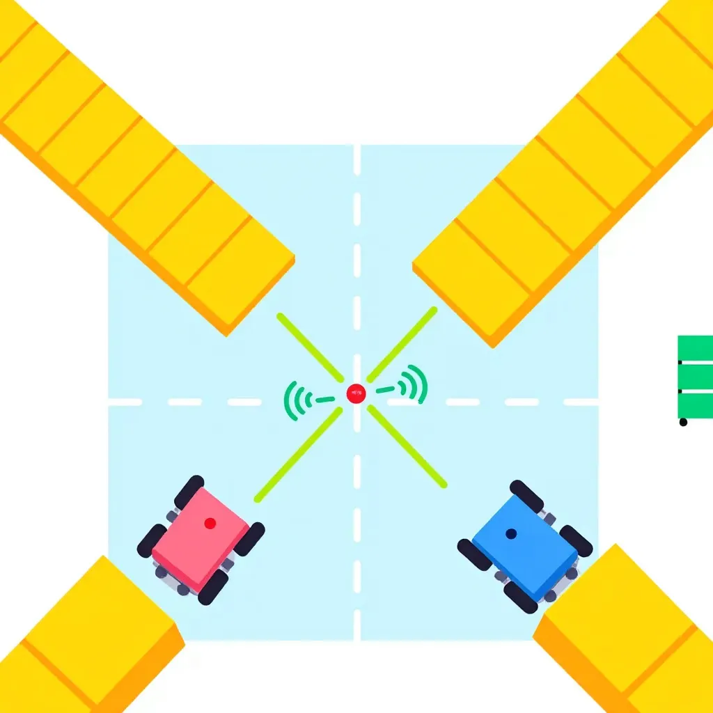 We are building **SYNERGY — an Edge-AI-based decentralized fleet coordination system for Autonomous Mobile Robots (AMRs) in smart warehouses**. The core idea is that **each robot independently runs a Fleet Coordination Agent** rather than relying on a central fleet manager: robots communicate peer-to-peer through **ROS 2**, maintain local world models, exchange **RobotState and RobotIntent**, negotiate shared resources/intersections using deterministic priority and reservation logic, perform distributed task allocation, reroute around blocked aisles, detect robot failures through heartbeats, and redistribute unfinished tasks. **Nav2** handles individual robot navigation, **Gazebo** provides the warehouse simulation, and a lightweight dashboard is **monitoring-only**—the fleet must continue coordinating if it is shut down. A key research direction is **communication-aware coordination**, where robots adapt their behavior to latency, packet loss, stale information, and disconnection, with safe degraded and recovery modes. The prototype demonstrates three AMRs handling overlapping warehouse tasks, intersection conflicts, rerouting, robot failure, and optionally network degradation, with performance measured against a stop-and-wait baseline using task-completion time, waiting time, throughput, and collision count; the stated target is **zero collisions and ≥20% improvement in task-completion time**, but results must be measured rather than assumed. The intended positioning is an **open, vendor-agnostic, edge-based, communication-aware multi-agent coordination layer**, not a claim that decentralized AMR coordination itself is novel. Tech context: **ROS 2 + Nav2 + Gazebo + Python-based Fleet Agents + Flask/HTML/JS dashboard + CSV/rosbag2 evaluation**.
Make a very small photo with two Intersections, which contains basically aisle, in which two robots want to go at the same times. But we need to show that one robot waits and the other takes priority and uses the aisle first.