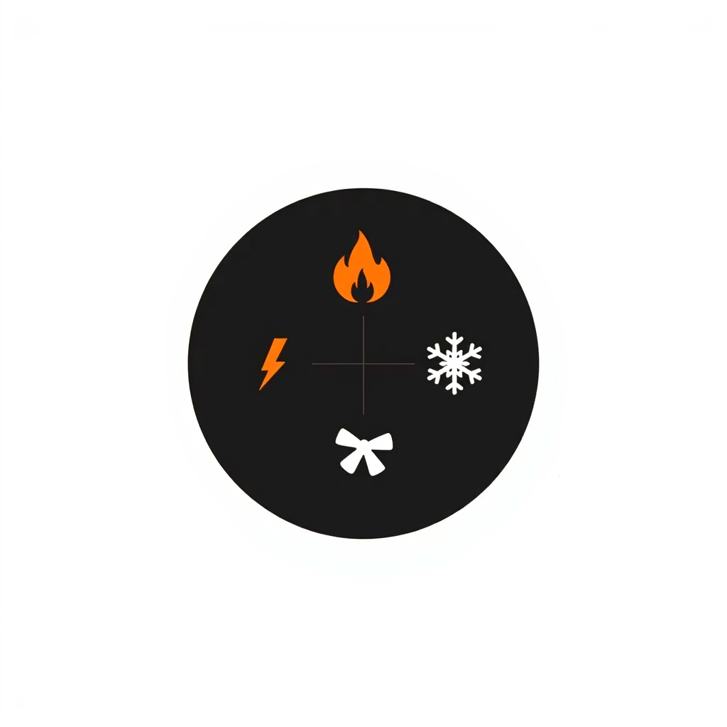 creer een logo met een cirkel in het midden wan rond de cirkel heeft die 4 vormen : vuur , donder , sneeuwvlok en een ventilator blad 